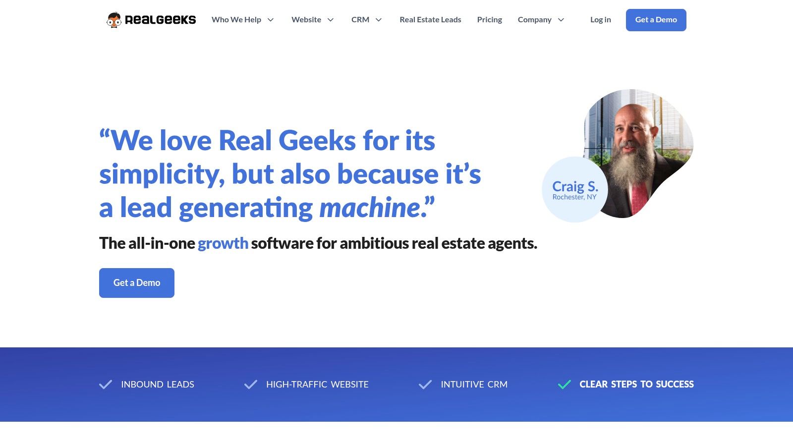 Real Geeks CRM homepage showing contacts and activity feed