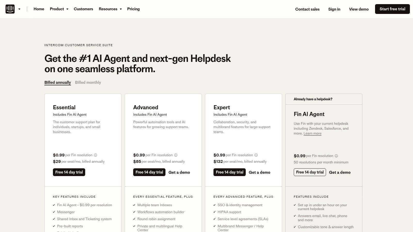 Intercom (Fin AI Agent + help desk)