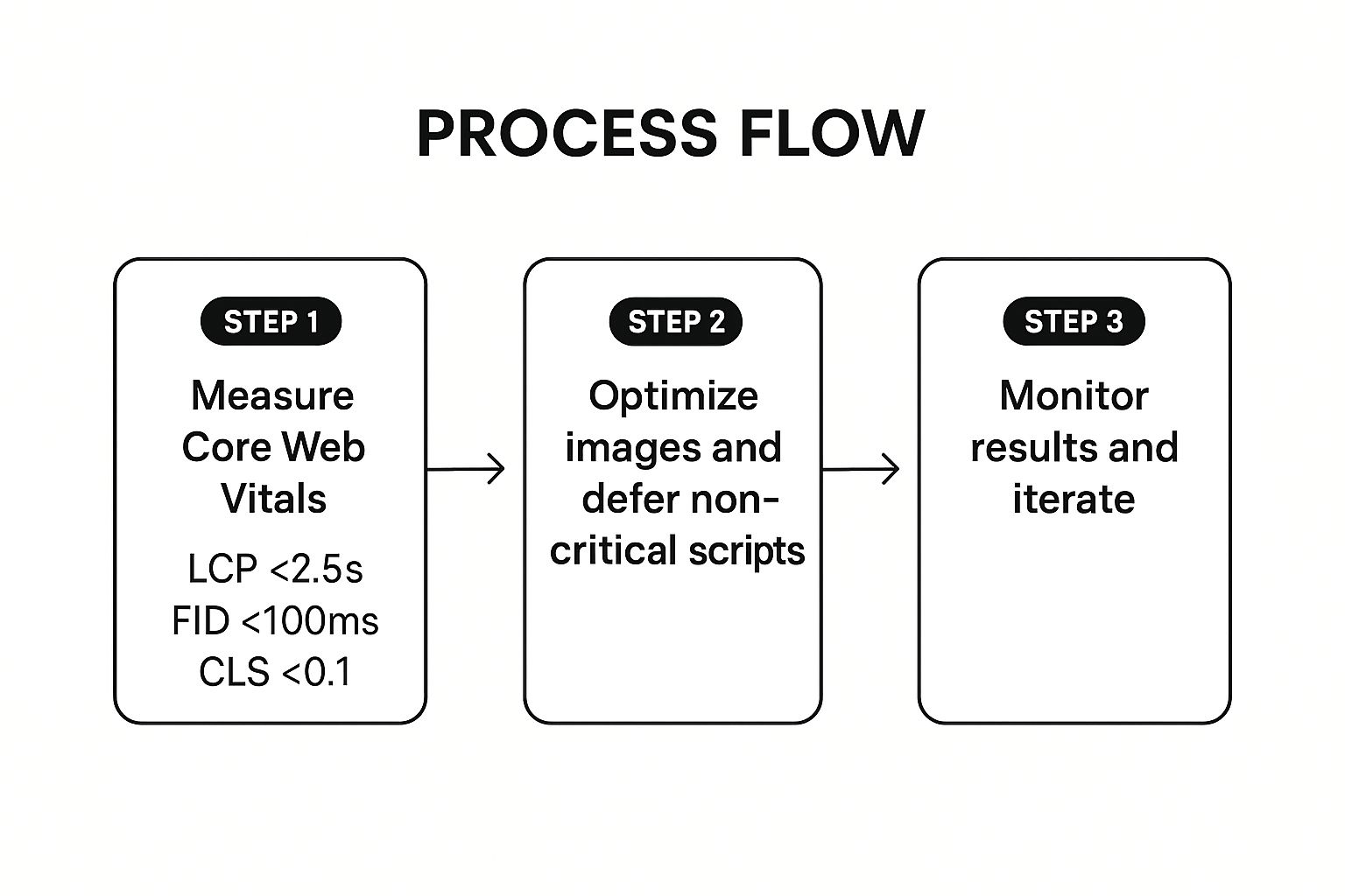 Infographic showing a three-step process for Core Web Vitals optimization: 1. Measure, 2. Optimize, 3. Monitor and Iterate.