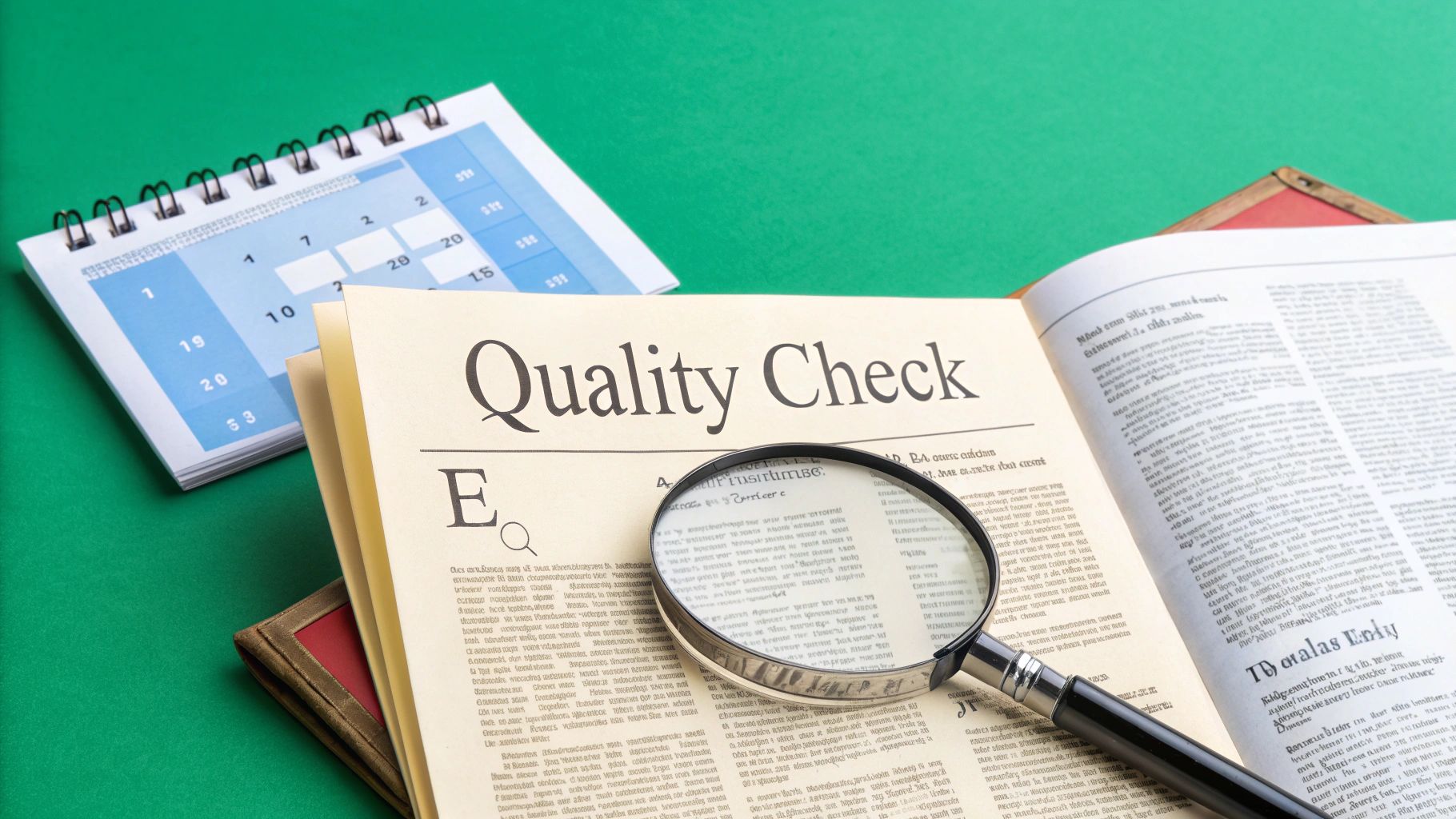 A magnifying glass rests on an open book titled 'Quality Check' with a calendar nearby on a green desk.