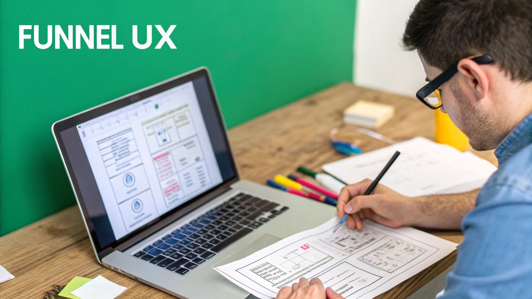 A user interface designer sketching a mobile app layout on a tablet.