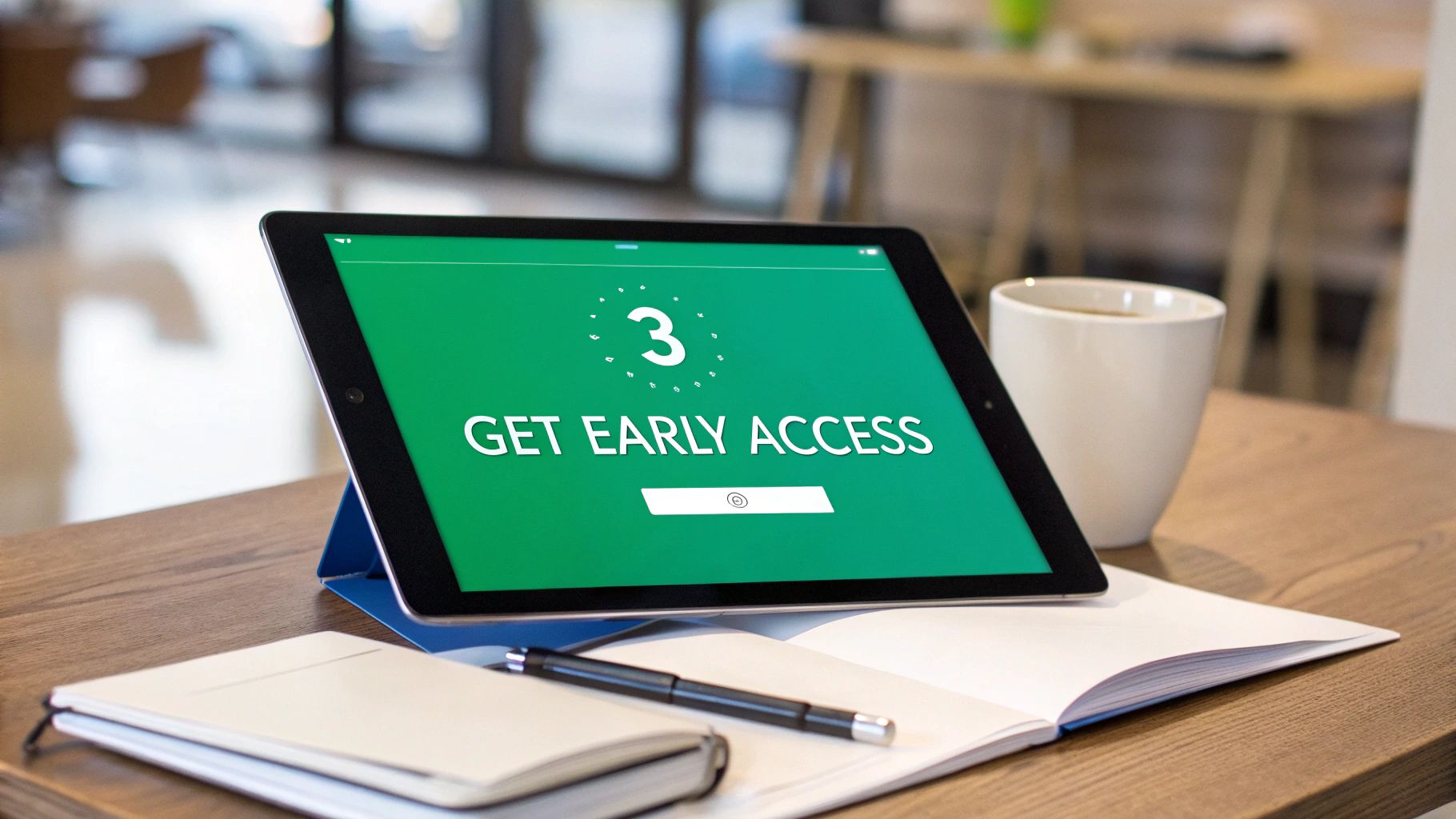 A tablet on a wooden table displays 'GET EARLY ACCESS' with a large number '3', next to coffee and notebooks.
