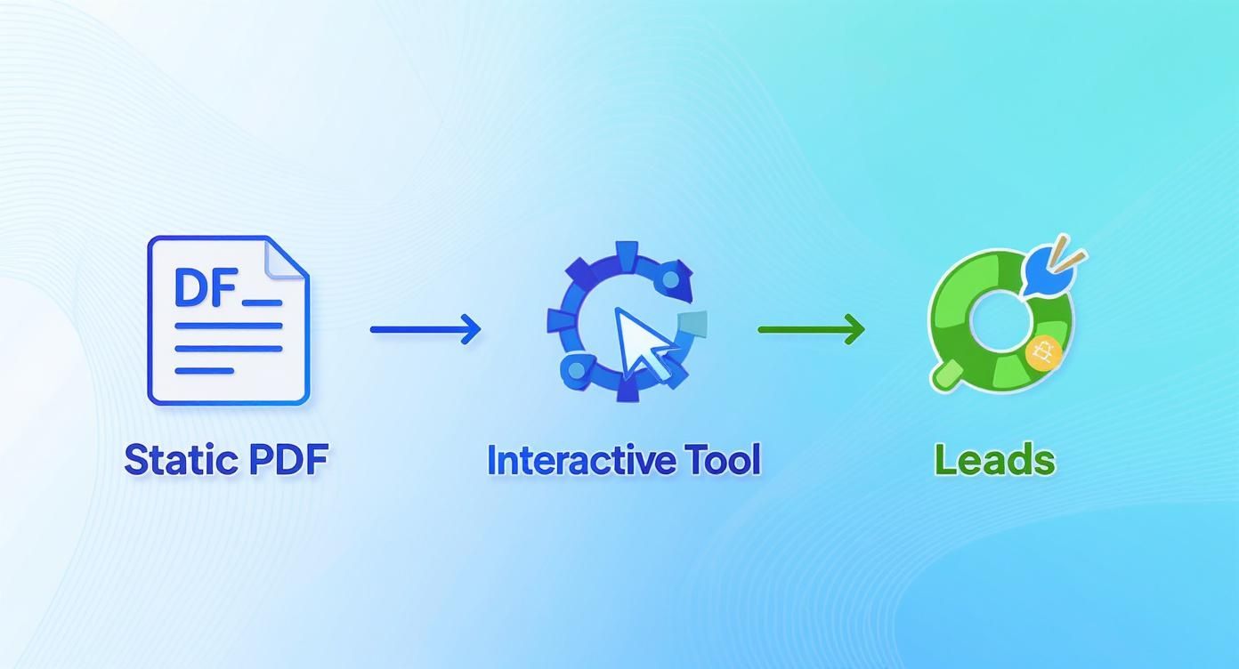 Flowchart showing how a static PDF document is transformed by an interactive tool into leads.
