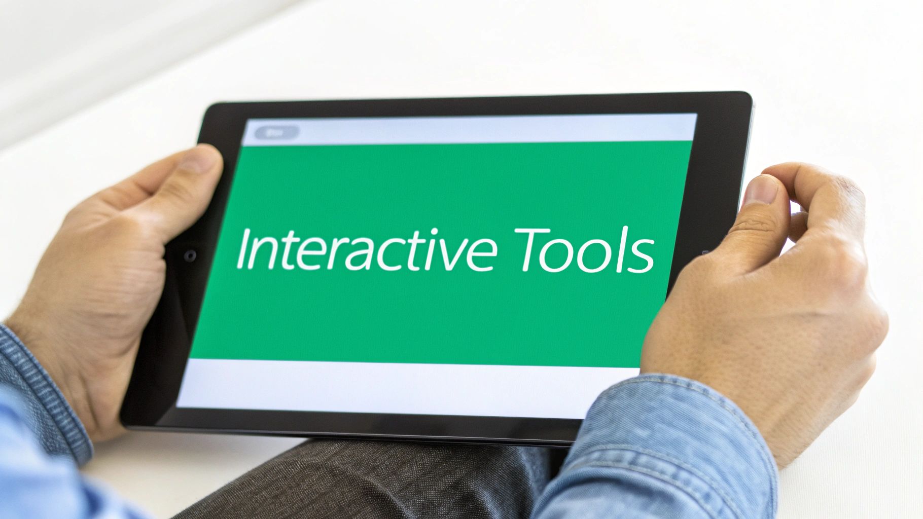 A person interacting with a digital interface on a tablet, representing an interactive landing page.