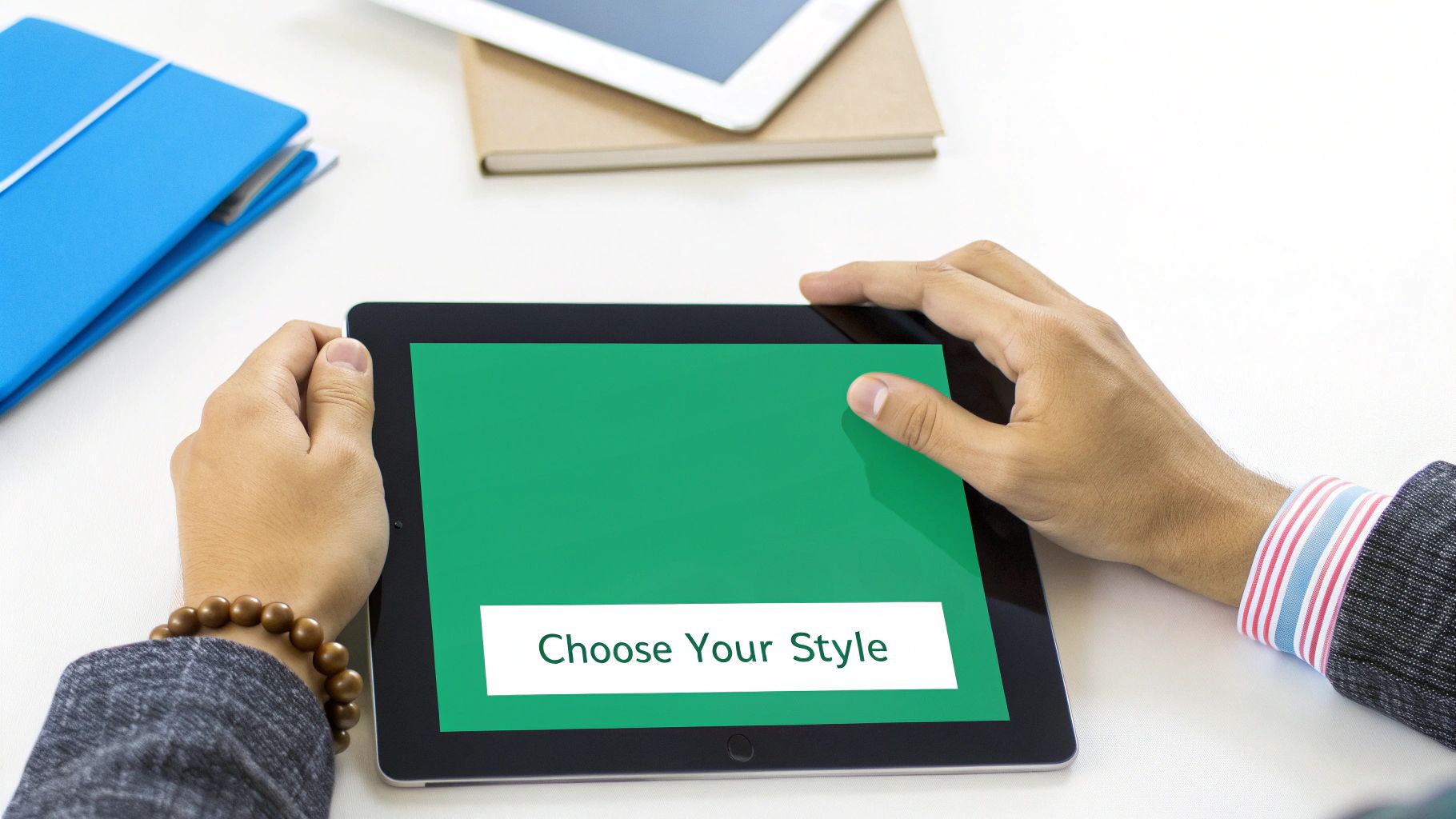 A person thoughtfully interacting with a quiz on a smartphone, surrounded by mood board elements like fabric swatches and colour palettes.