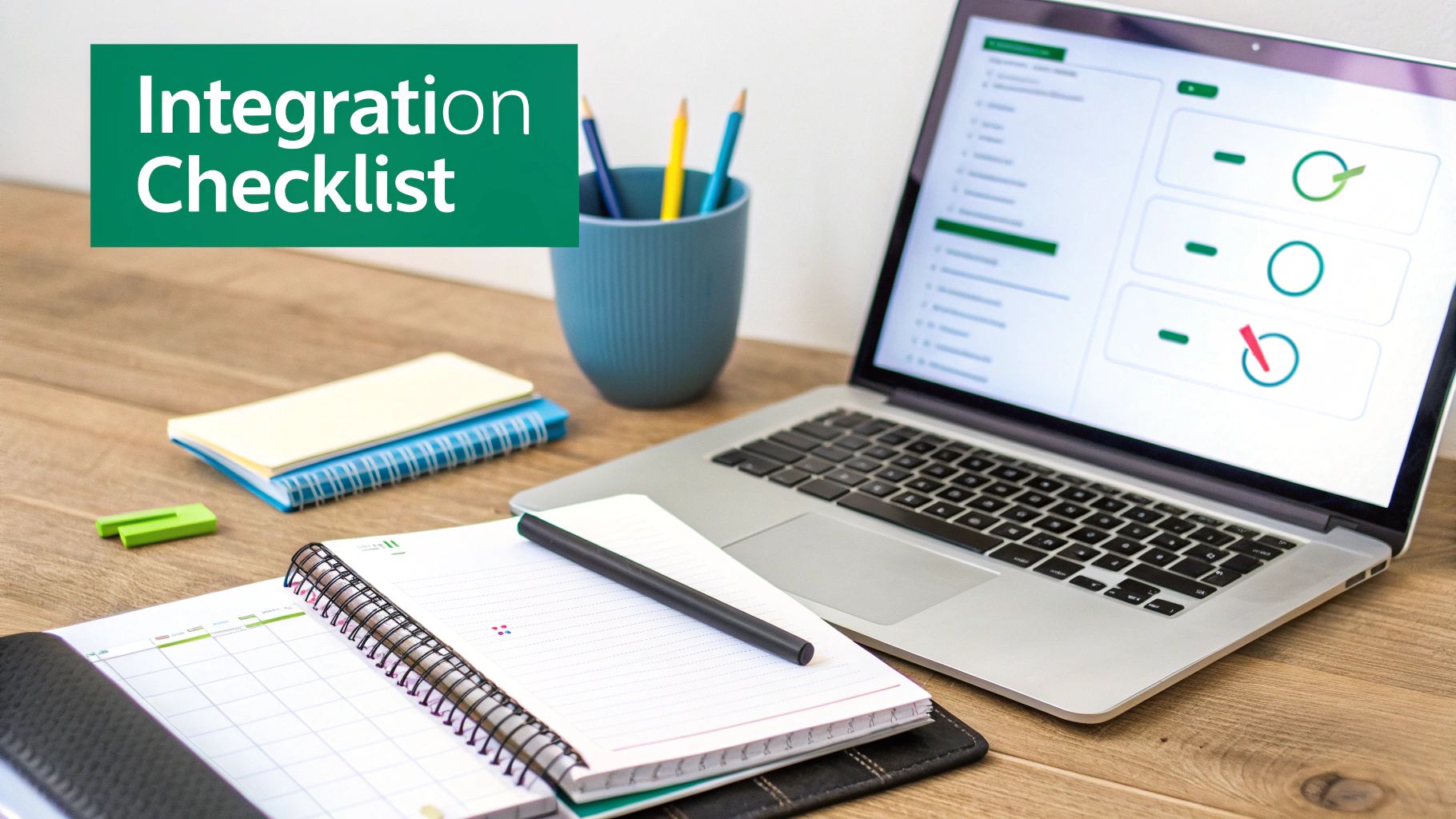 A person checks off items on a large, glowing digital checklist, symbolizing the setup of an integrated marketing and sales workflow.