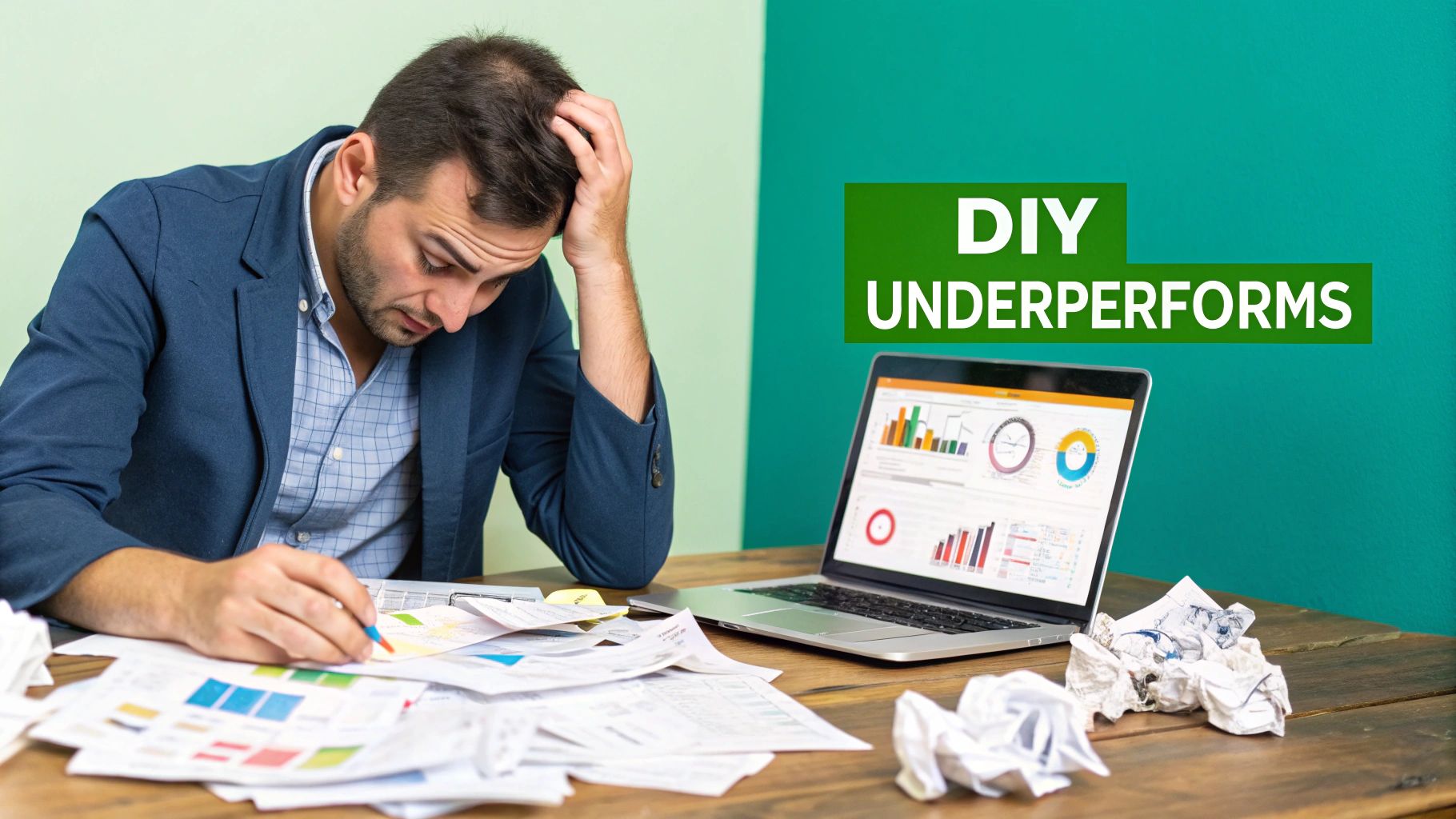 A person looking frustrated while working on a DIY project at a messy desk.