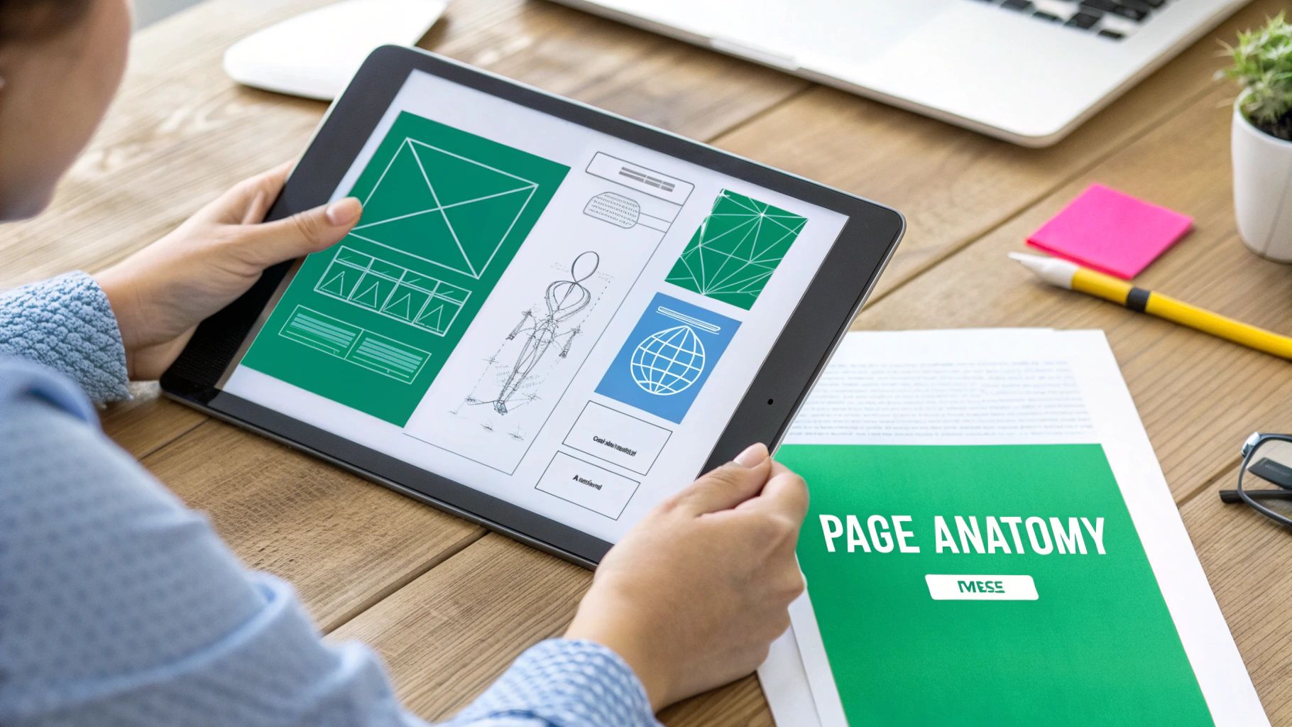 A wireframe of a SaaS landing page on a screen, showing the different sections like hero, features, and CTA.