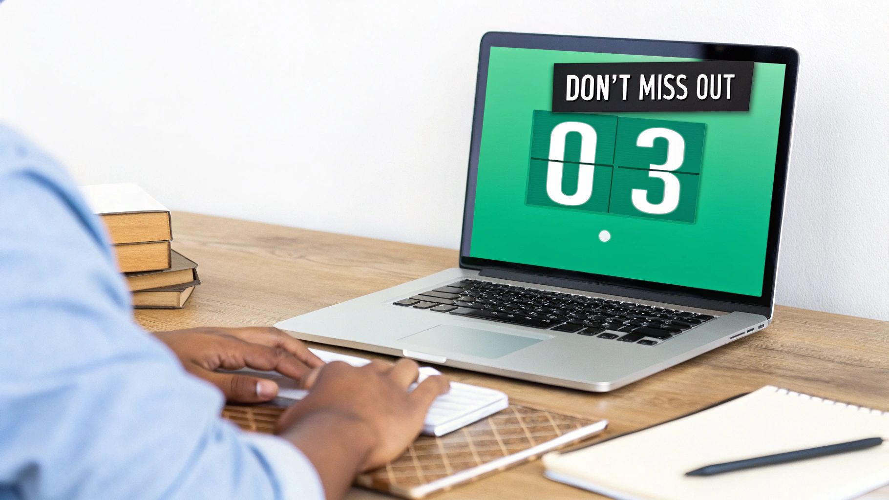 A person works on a laptop displaying a 'DON'T MISS OUT' countdown timer, showing '03', on a wooden desk with books.