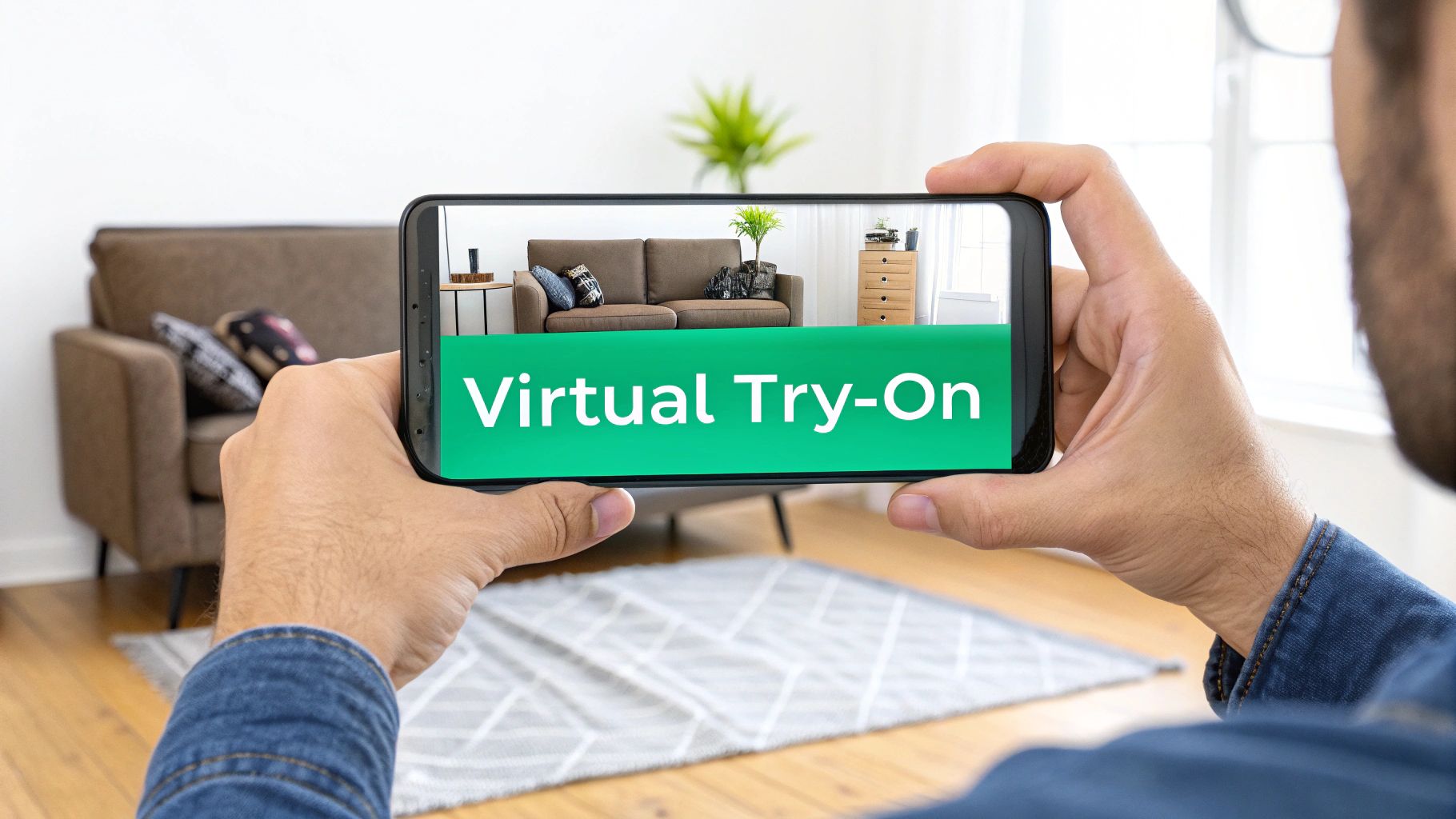 A person uses a smartphone displaying "Virtual Try-On" for home furniture, blending virtual and real.