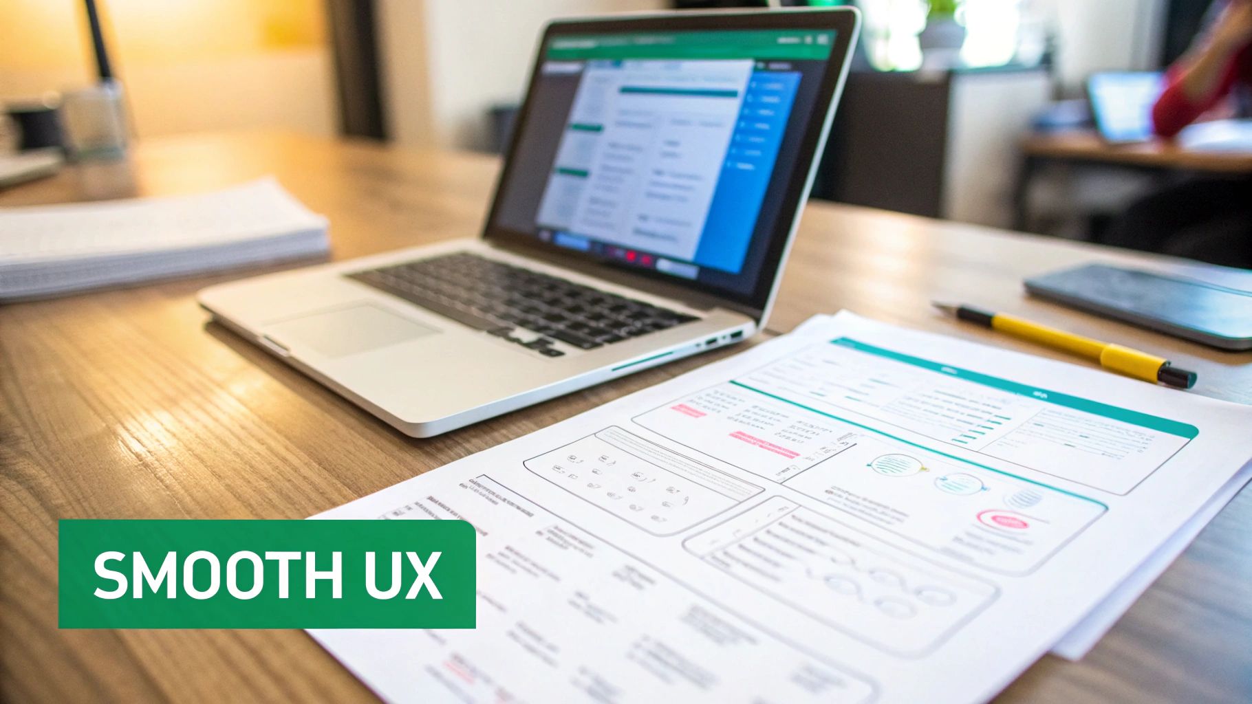 A workspace with a laptop displaying a website, documents with UX designs, a pen, and a smartphone, emphasizing smooth user experience.