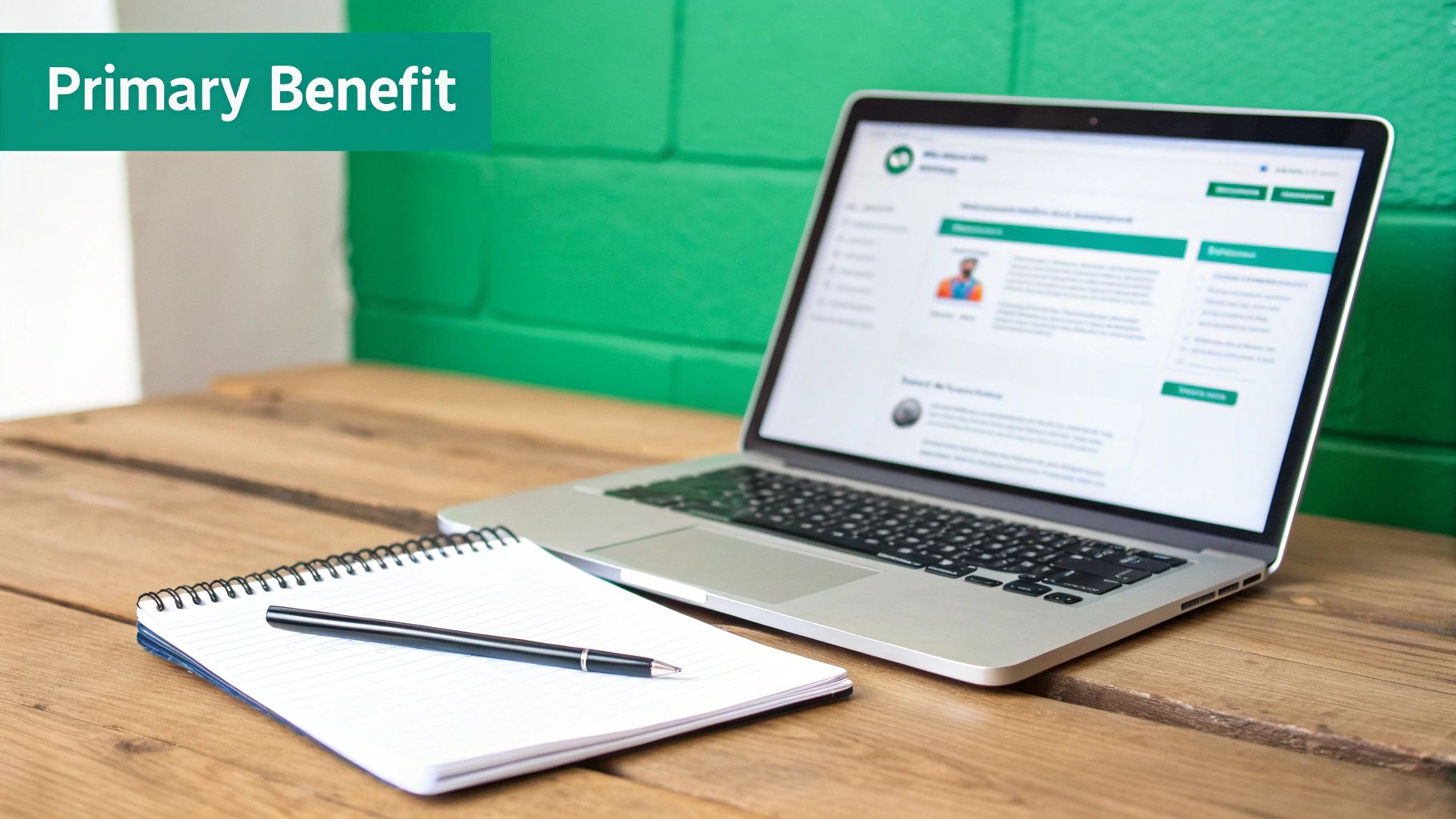 Laptop and notebook on a wooden desk with a green wall, displaying a user profile and 'Primary Benefit' text.