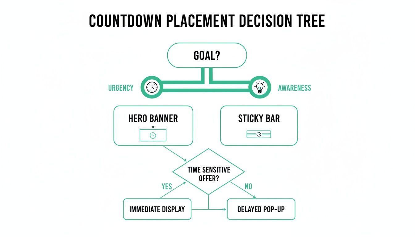 A decision tree diagram illustrating countdown placement strategies based on goal (urgency/awareness) and offer sensitivity.