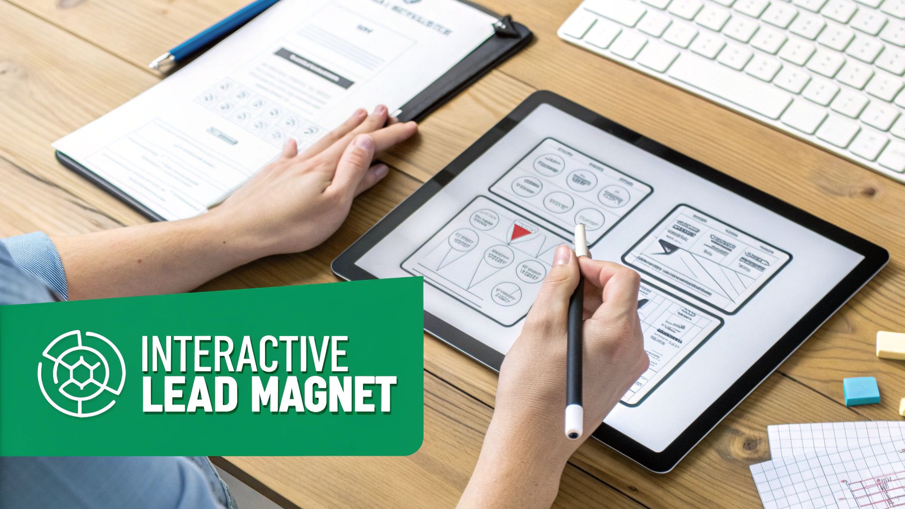 Hands designing an interactive lead magnet on a tablet with a stylus, surrounded by other documents.