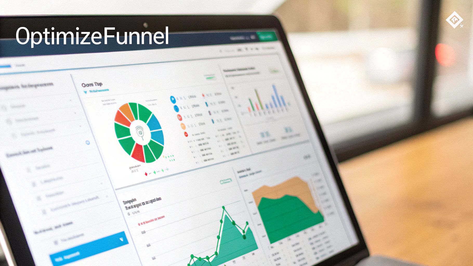 A person analysing a dashboard of marketing funnel metrics on a computer screen, showing graphs and charts.