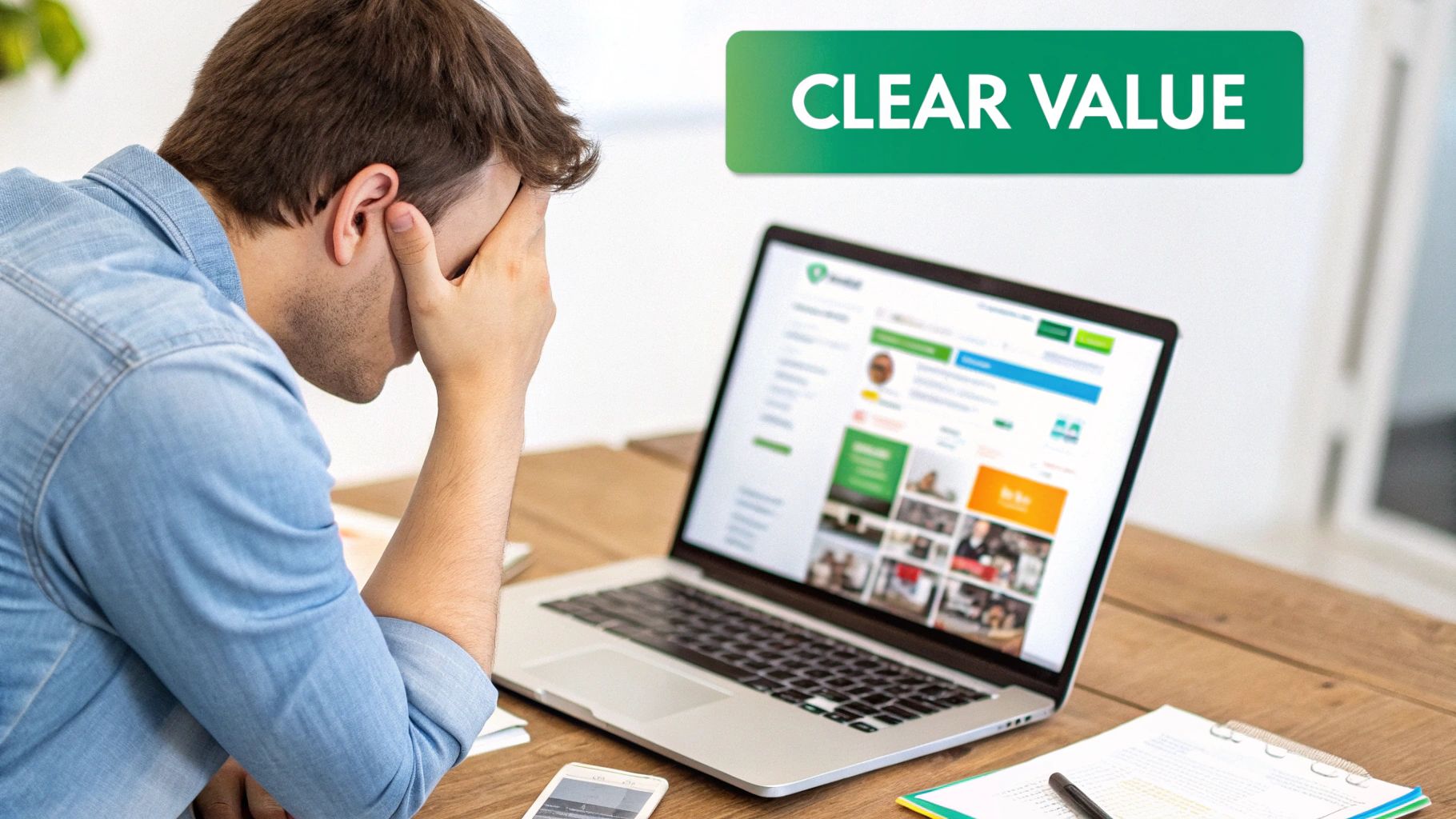 A person looking confused at a complex diagram on a whiteboard, representing a SaaS landing page that isn't converting.