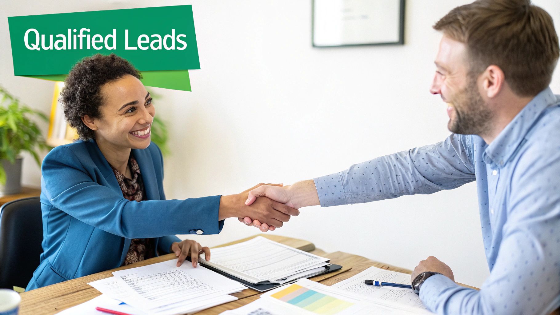A marketing and sales team collaborating around a desk, looking at a shared screen showing a prospect's profile and engagement data.