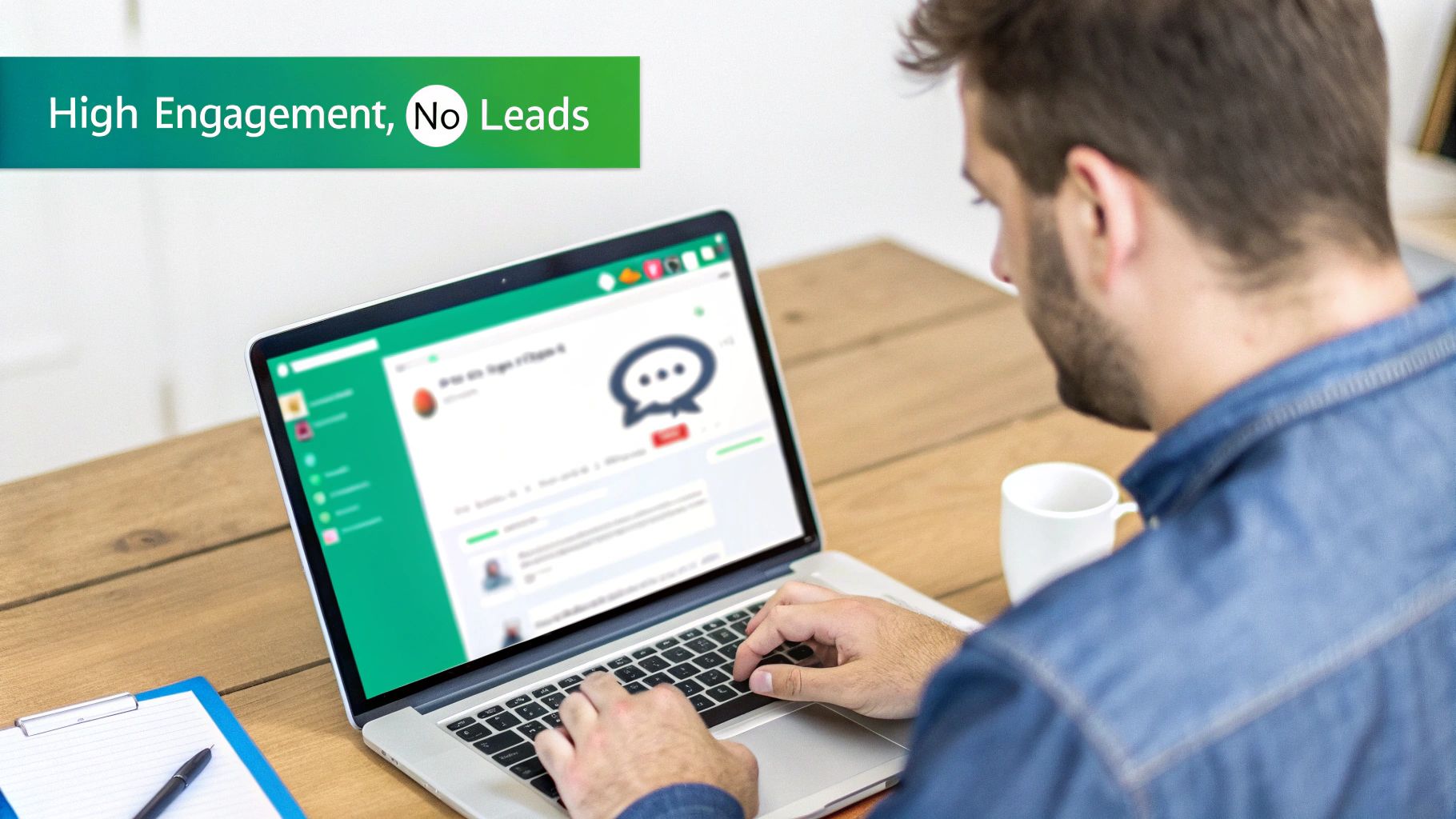 A person looking frustrated at their computer screen with social media icons floating around.