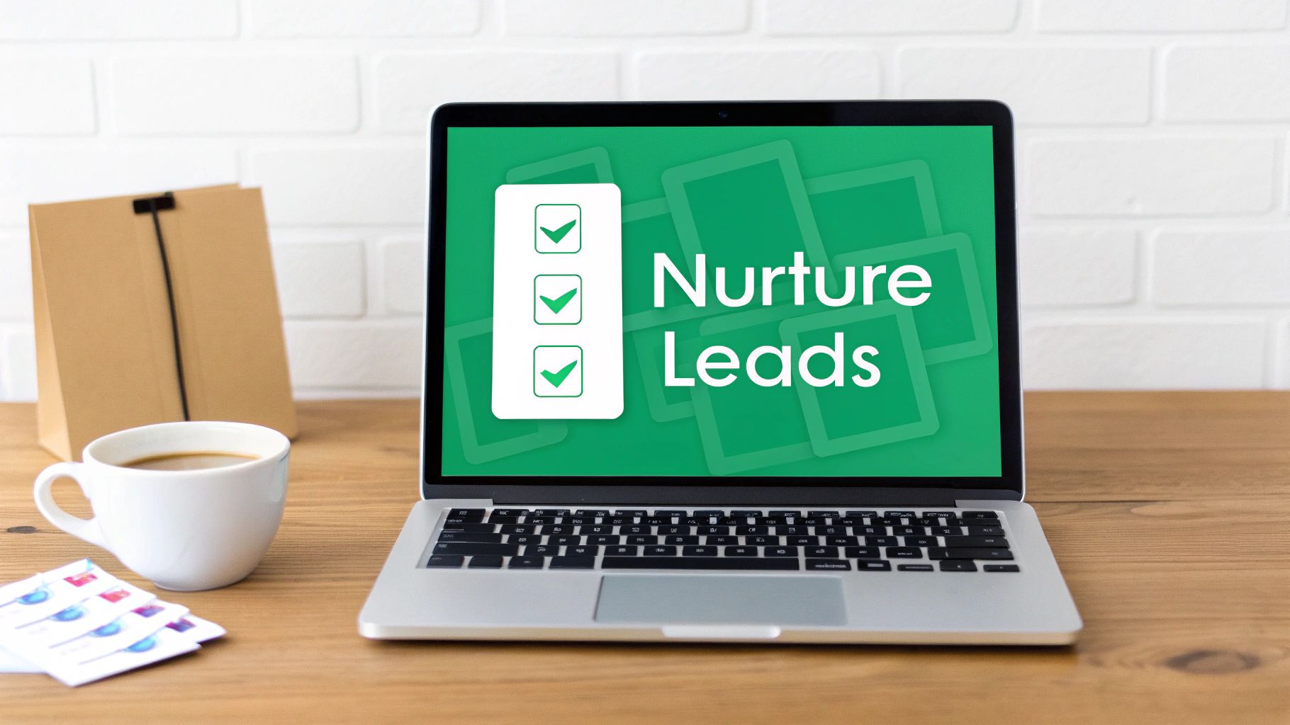 A laptop on a wooden desk displays 'Nurture Leads' with a checklist of green checkmarks.