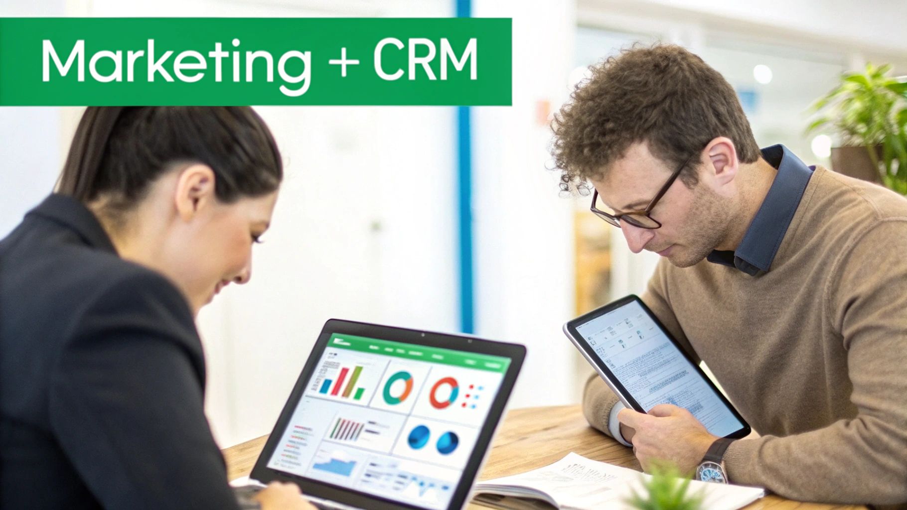 Two puzzle pieces, one labeled "Marketing Automation" and the other "CRM," fitting together perfectly to form a cohesive unit.