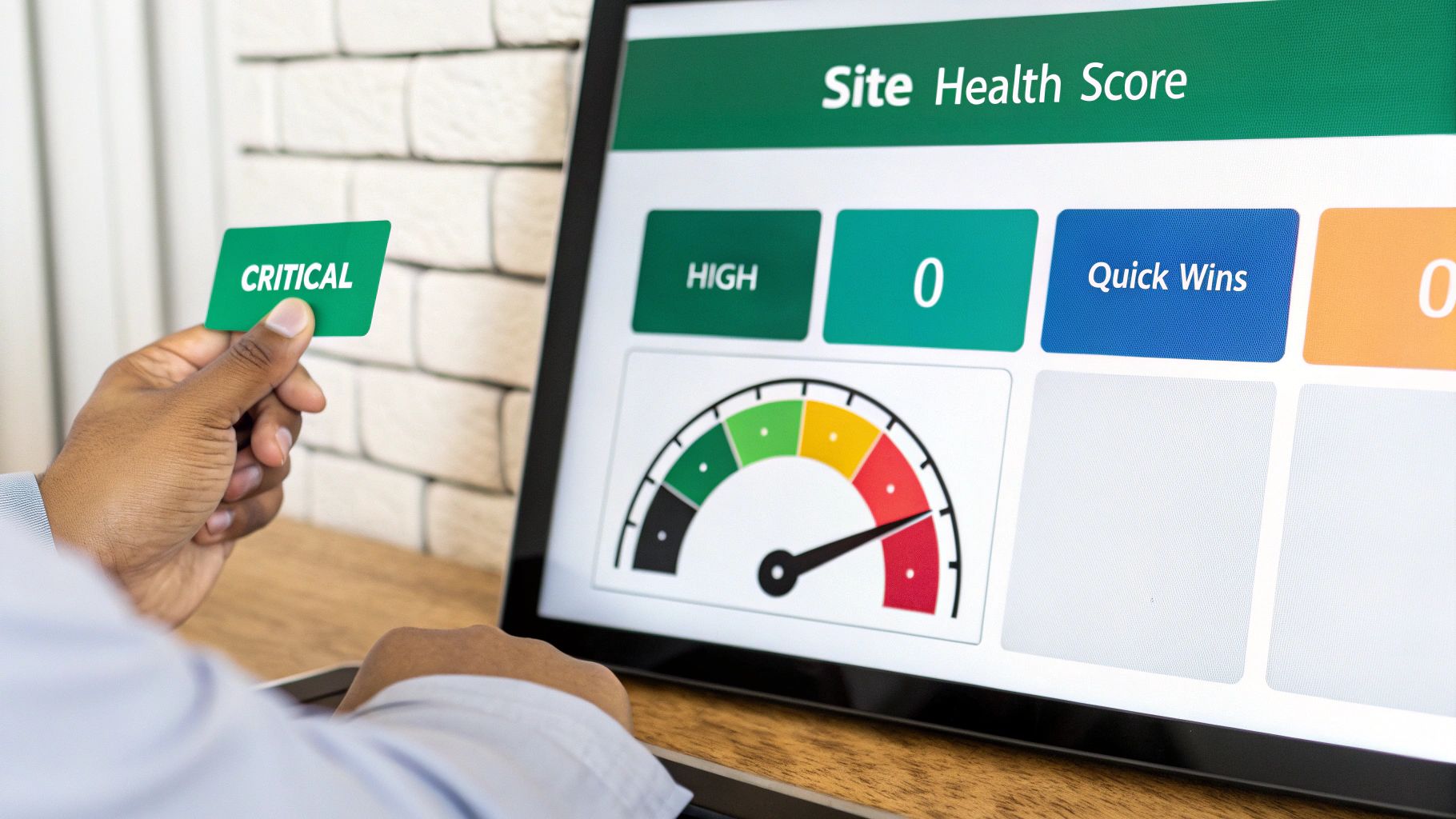 Person holding critical card while viewing site health score dashboard with performance gauge on laptop screen