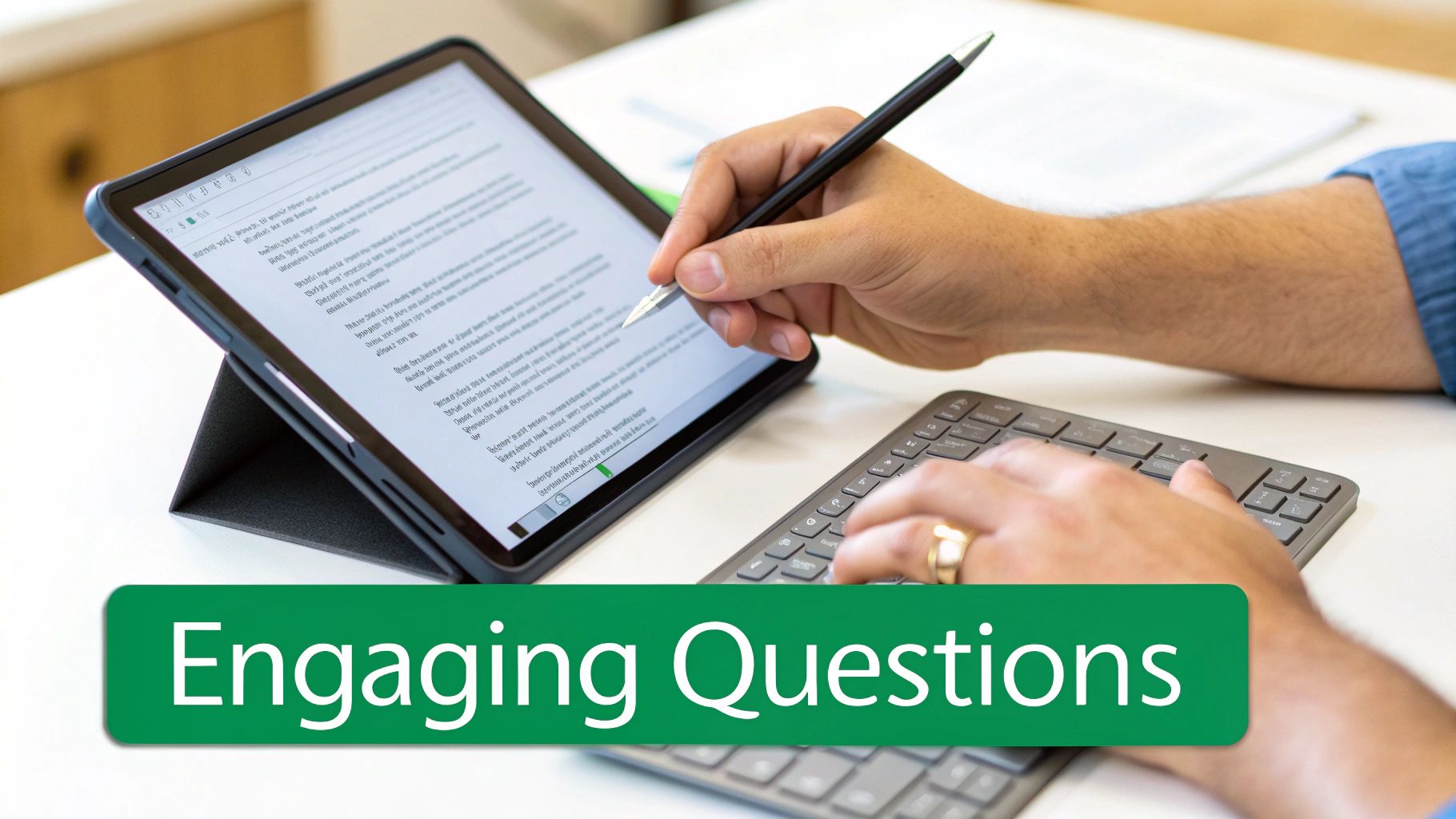 A person thoughtfully writing in a notebook, symbolizing the process of crafting quiz questions.