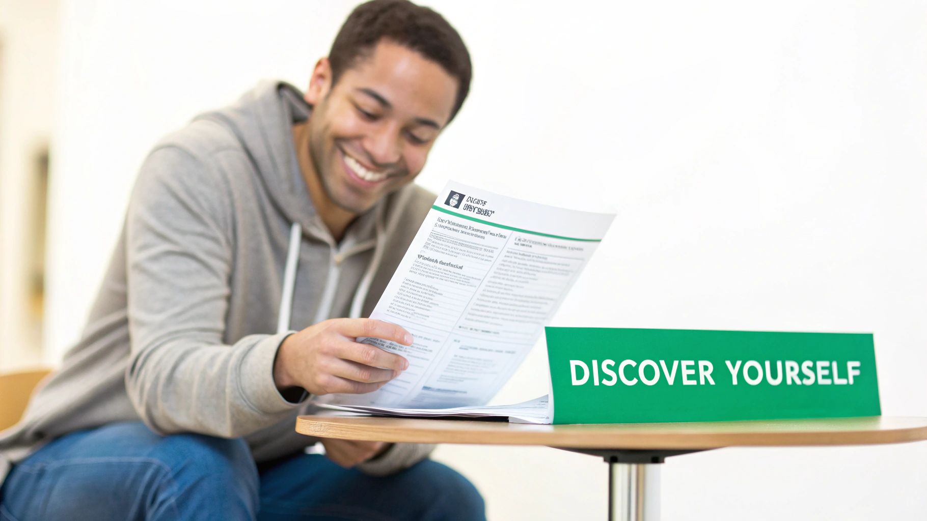 A person thoughtfully considering style choices on a tablet, representing the engagement of a 'find your style' quiz.