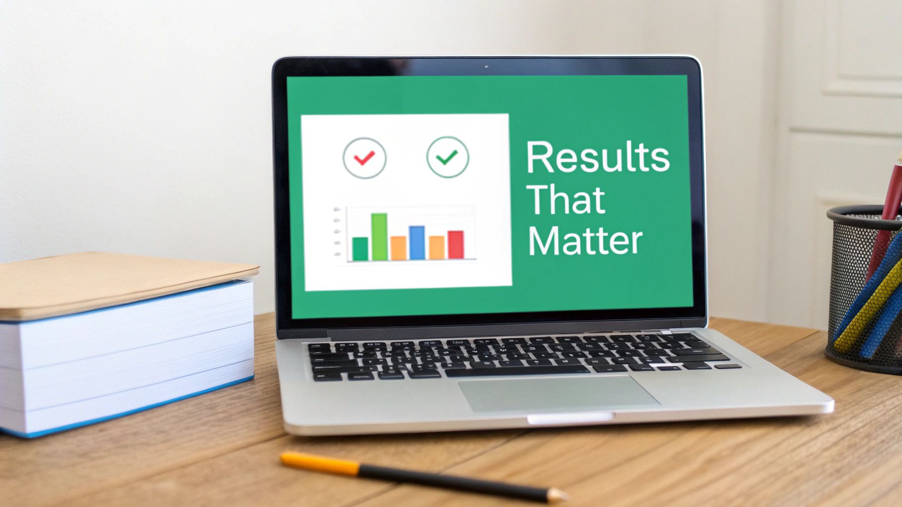 Laptop displaying colorful bar chart and checkmarks with results that matter presentation on screen