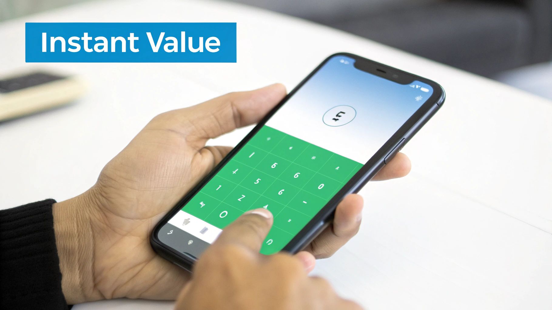 A person's hands holding a smartphone and typing on a green numeric keypad application.