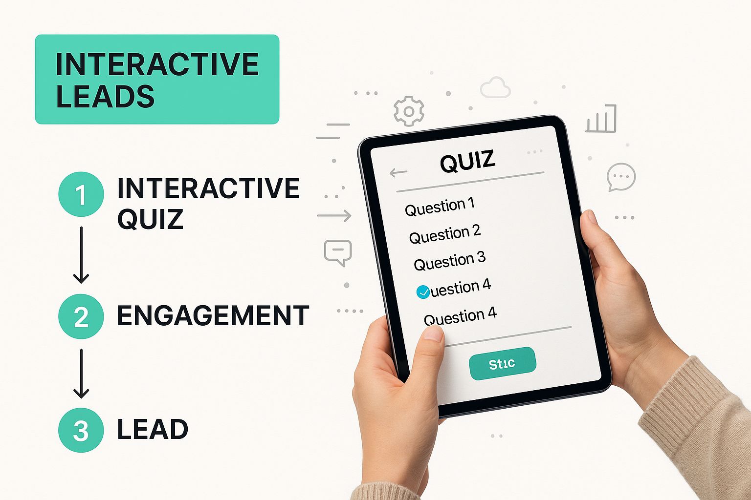 An infographic showing a user engaging with an interactive quiz on a tablet, highlighting the flow from engagement to data capture and personalised follow-up.