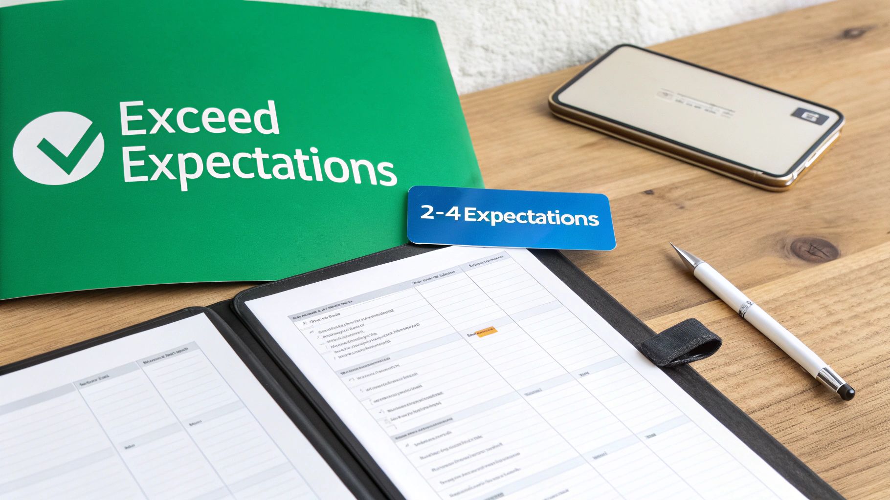 A green folder titled 'Exceed Expectations' next to a '2-4 Expectations' card, a planner, and a pen on a wooden desk.
