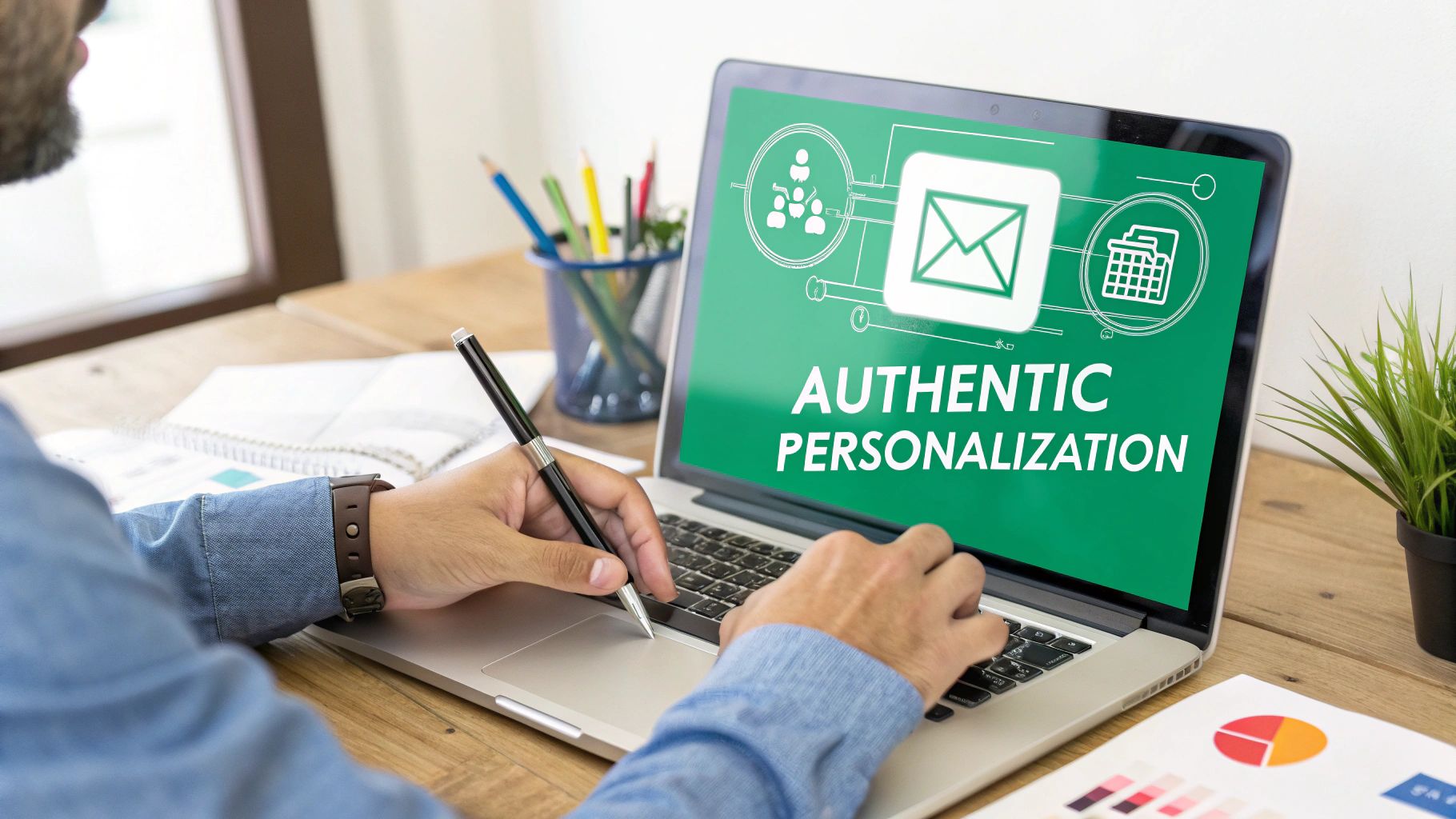 A person using a stylus on a tablet to create a personalized workflow, symbolizing authentic email creation.