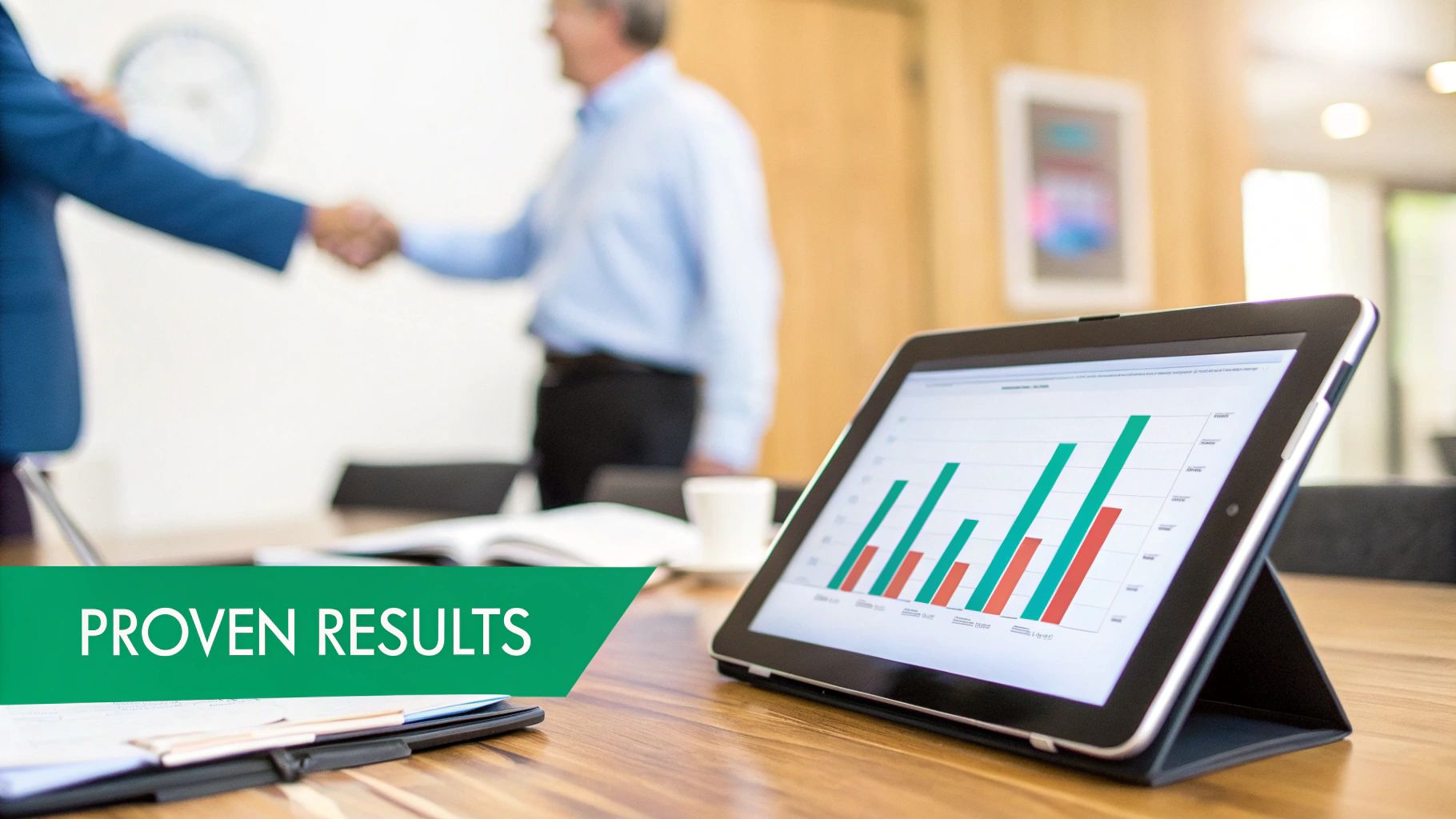 A tablet displays a bar chart with 'PROVEN RESULTS' text, as two businessmen shake hands in a meeting.
