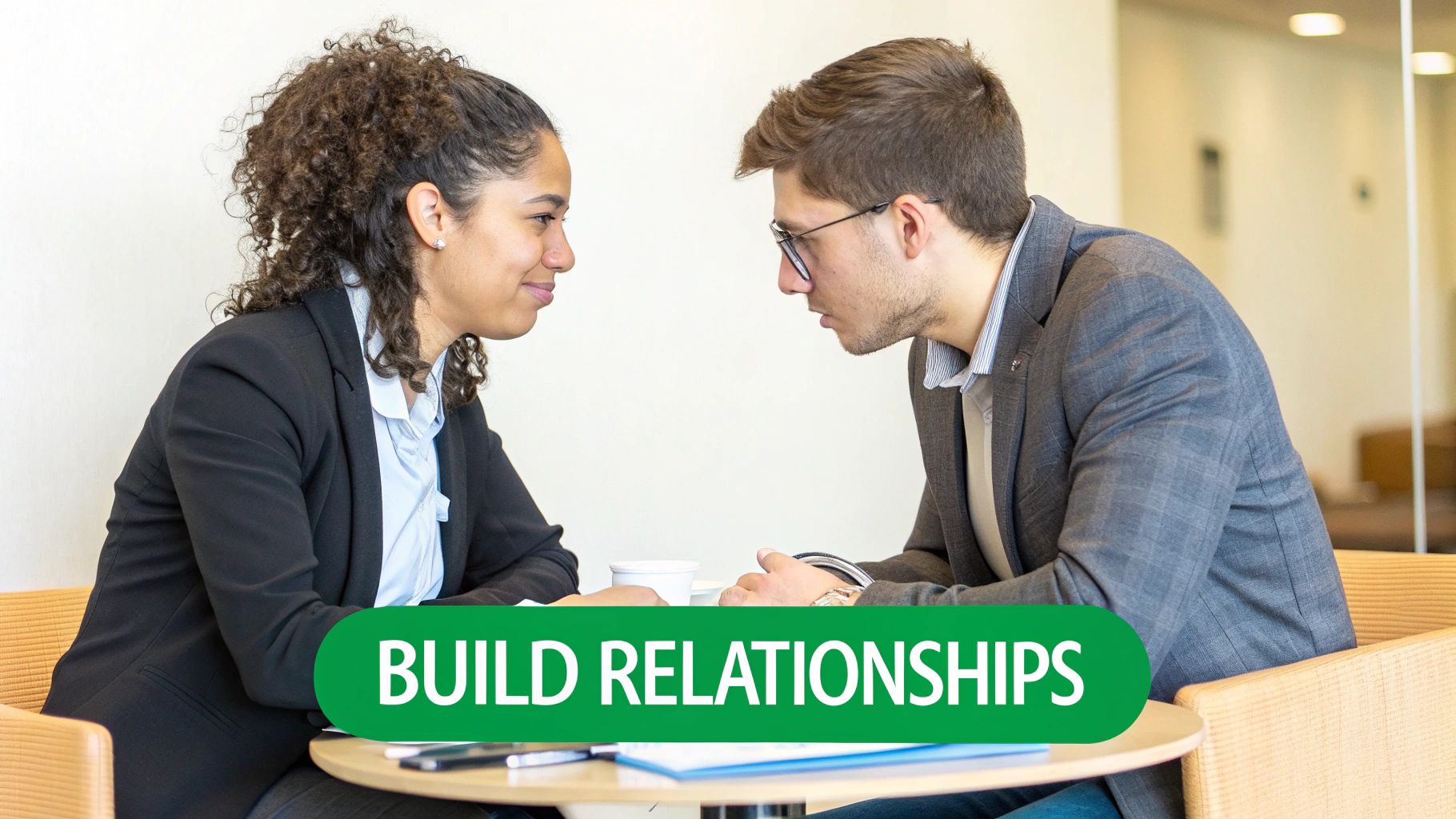 Two young professionals having a focused conversation at a table.