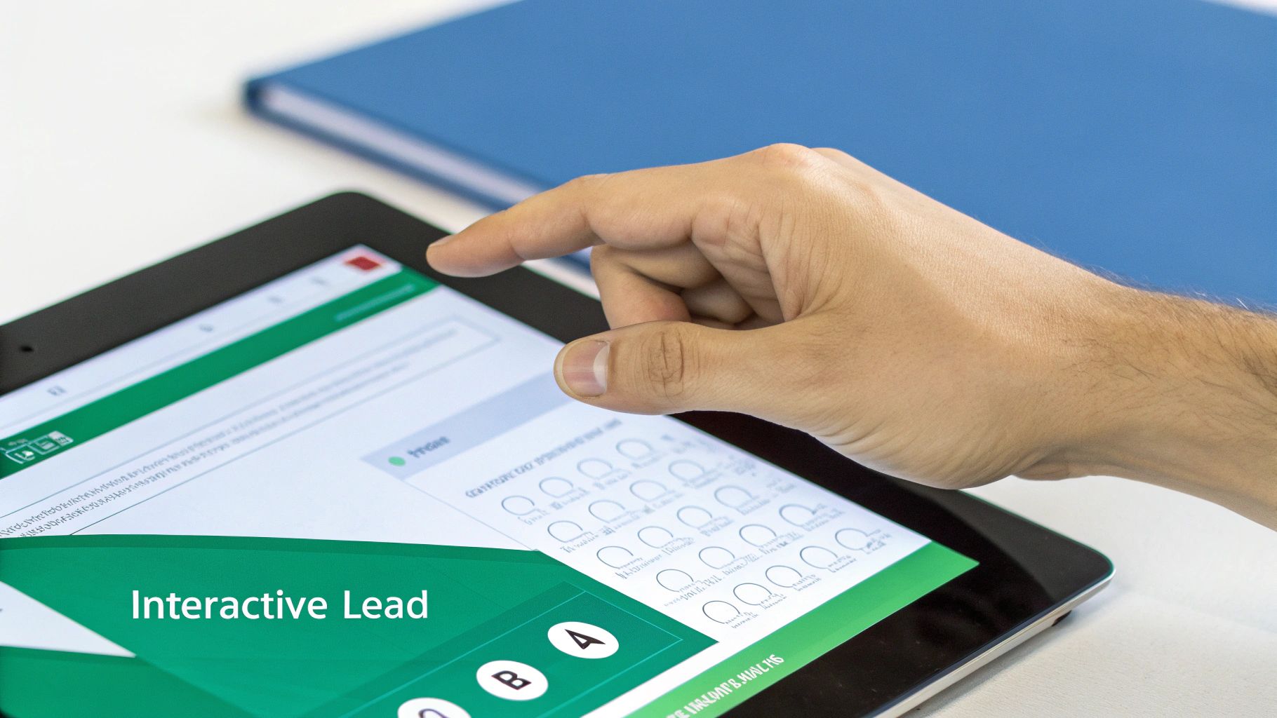 An image showing a user interacting with a quiz on a tablet.