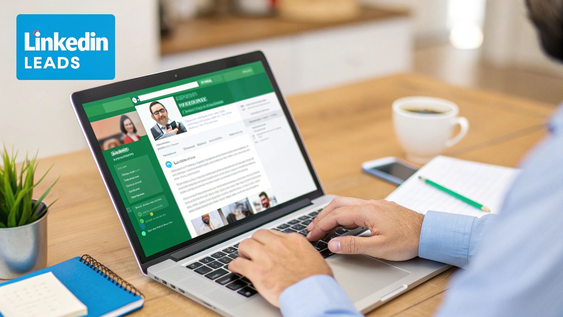 A professional working on a laptop with the LinkedIn logo visible, representing B2B lead generation on the platform.