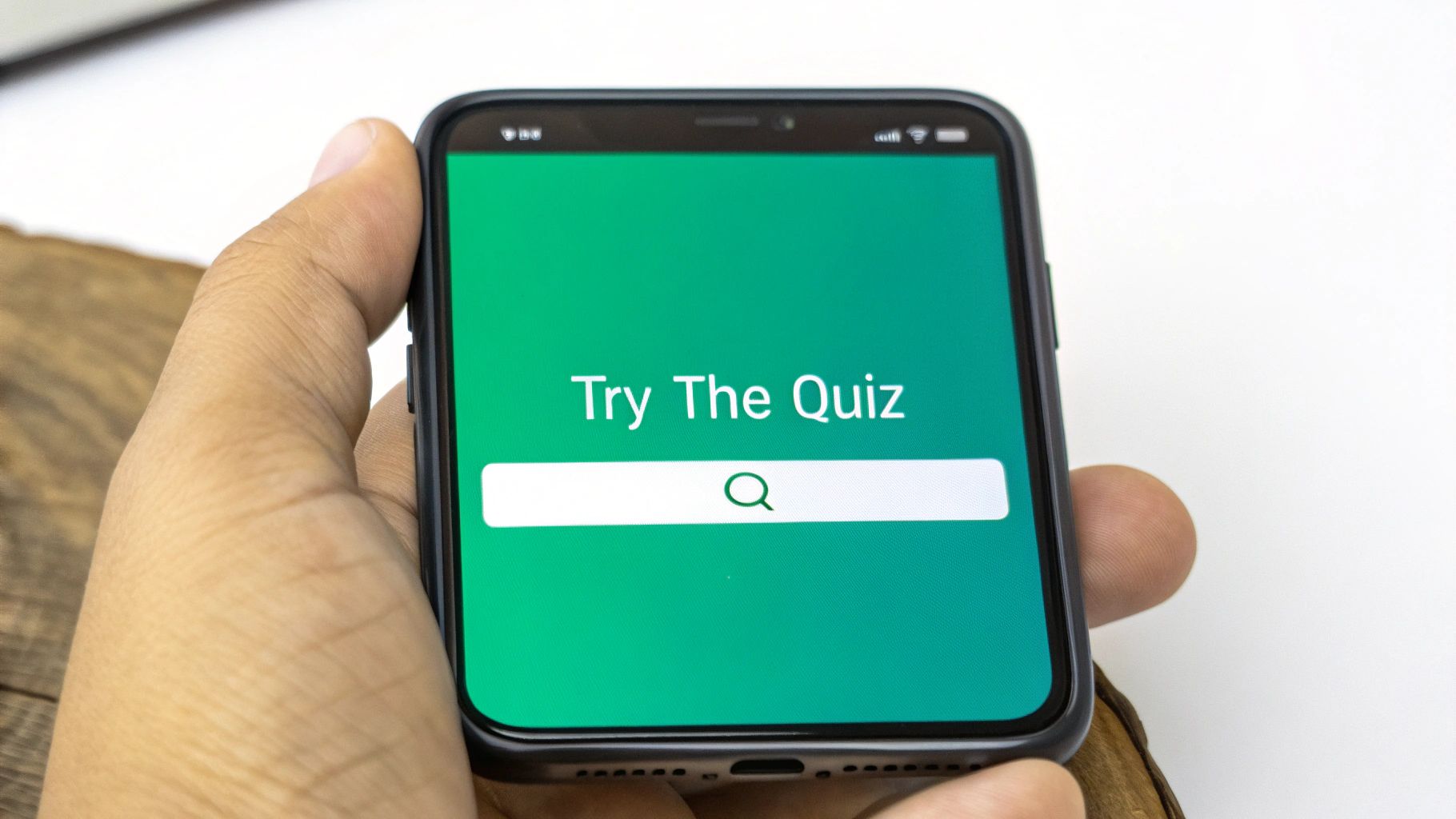 A person holds a smartphone displaying a quiz app with "Try The Quiz" text and a search bar.