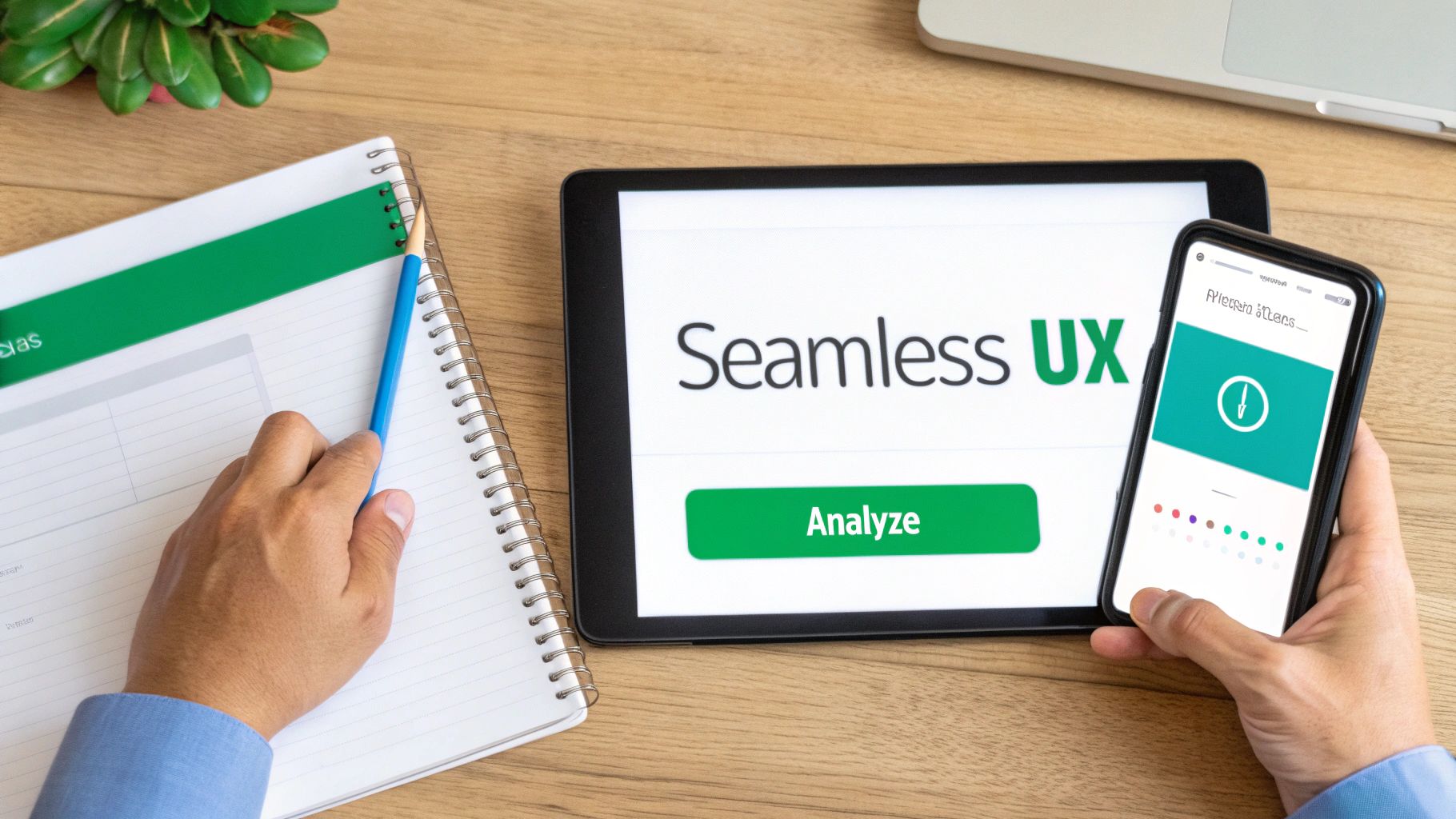 Person analyzing seamless user experience on tablet and smartphone with notebook on desk