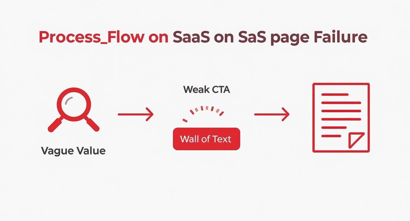 Infographic showing the common failure points of SaaS landing pages starting with Vague Value, then Weak CTA, and finally a Wall of Text.