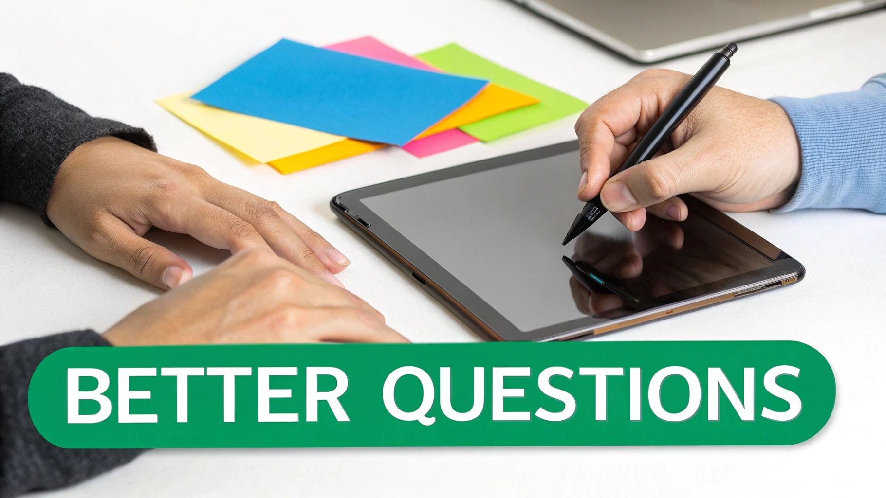 A person thoughtfully writing quiz questions in a notebook.