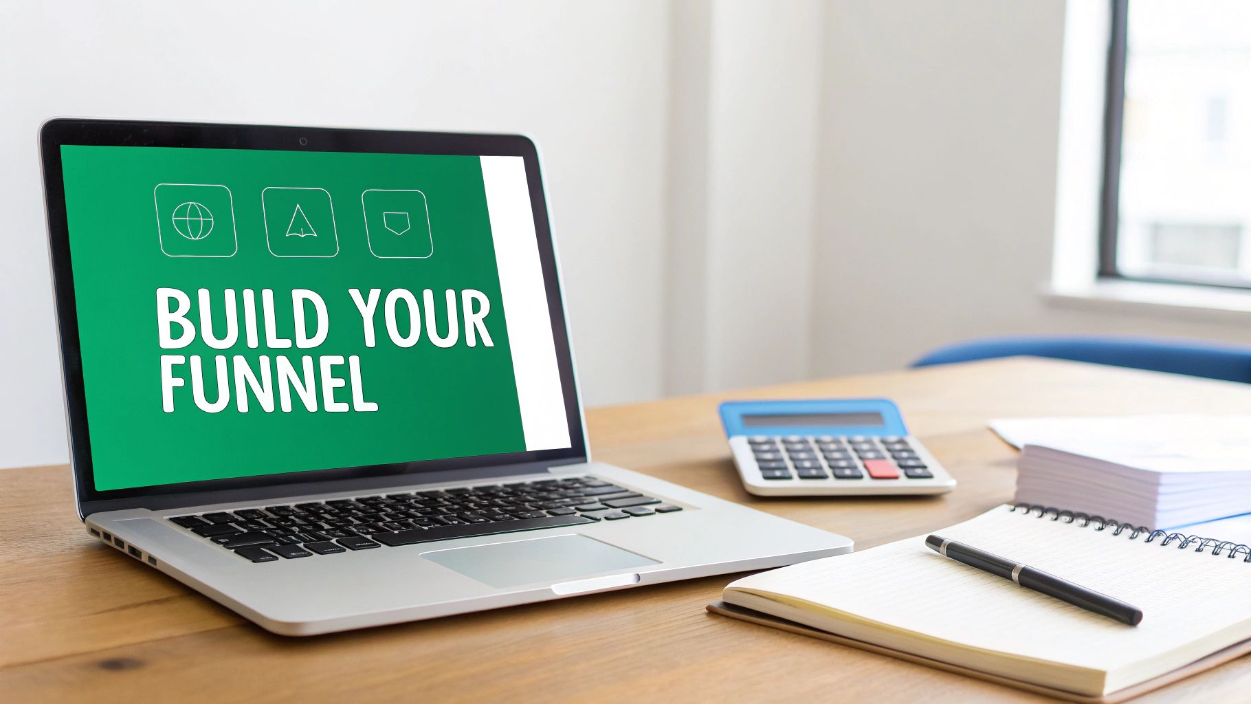 Laptop on a wooden desk displays 'BUILD YOUR FUNNEL' with a calculator, notebook, and pen.