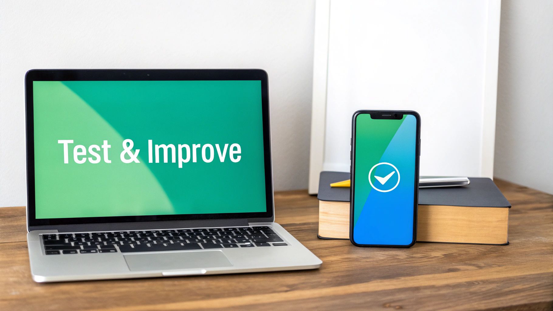 A laptop displaying "Test & Improve" next to a smartphone with a checkmark on a wooden desk.
