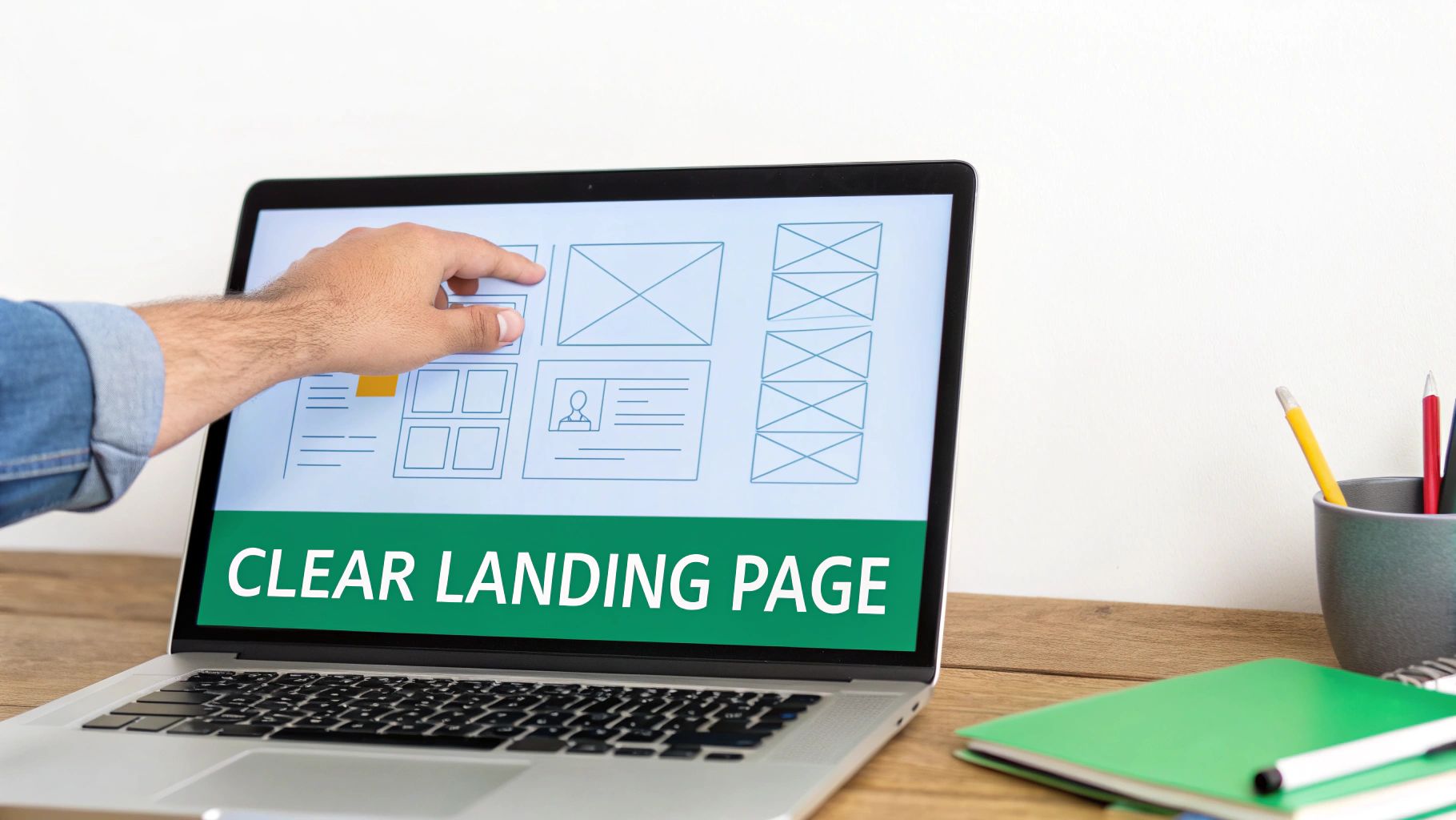 A hand points at a laptop screen displaying a website wireframe with 'CLEAR LANDING PAGE' text.