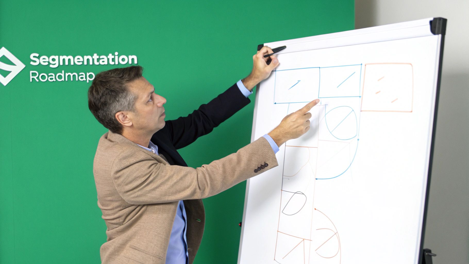 A person at a desk carefully organizing data points and customer profiles on a large digital screen, representing the hands-on process of B2B market segmentation.