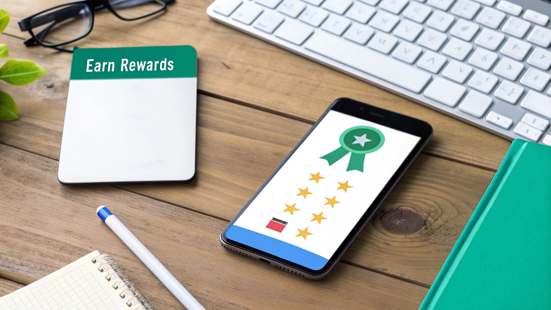 A smartphone displaying a rewards app with a badge and stars, beside a notebook titled 'Earn Rewards', on a wooden desk.