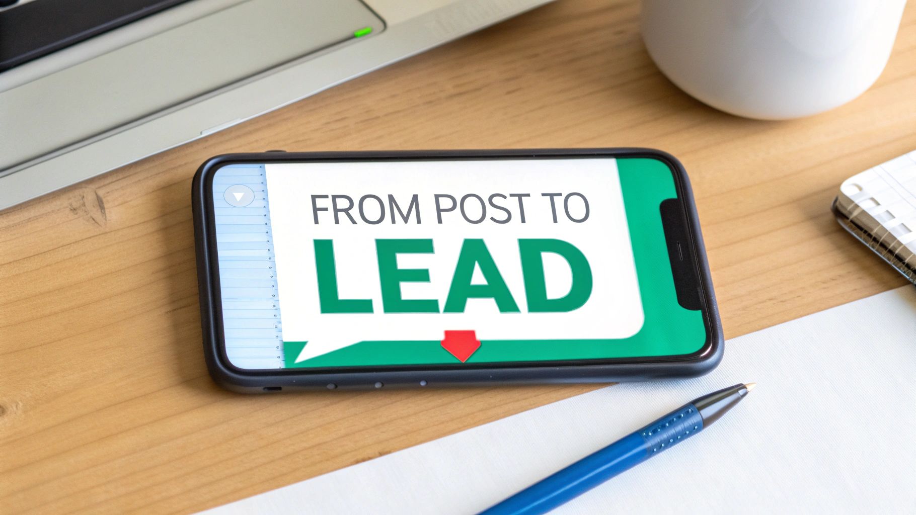 A visual representation of a funnel, starting with social media icons and leading down to an email icon, showing the lead generation process.