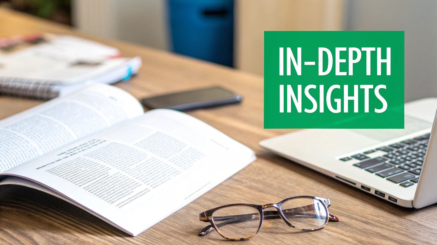 An open book, glasses, laptop, and phone on a wooden desk with 'IN-DEPTH INSIGHTS' text.