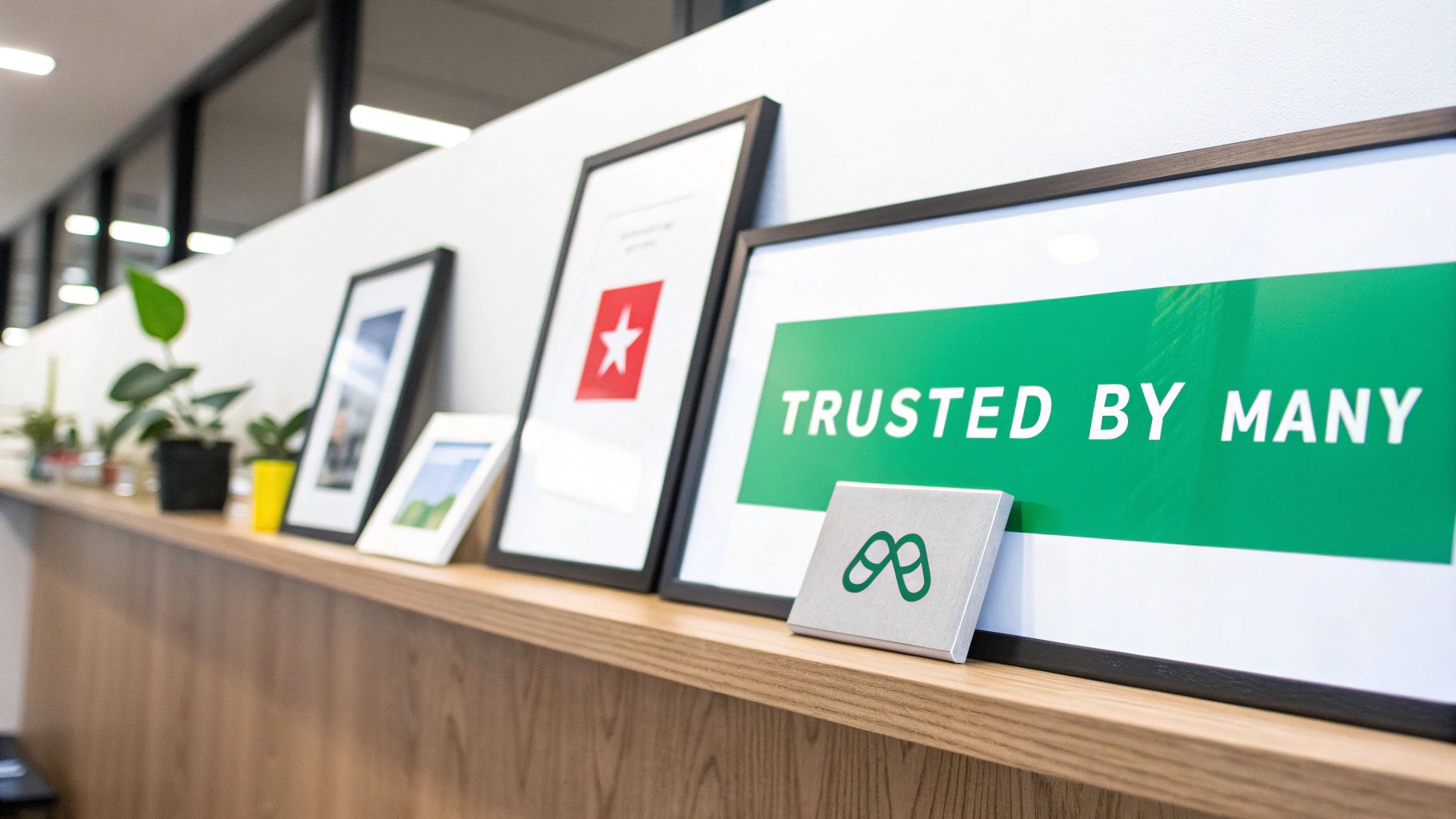 A wooden shelf displays framed pictures, a potted plant, and a sign reading 'TRUSTED BY MANY'.