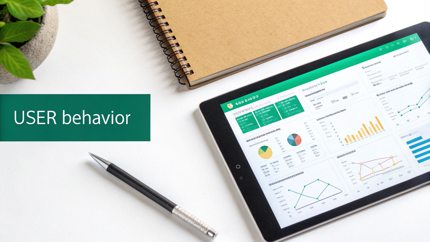 Digital tablet showing user behaviour analytics with a notebook and pen on a clean white desk.