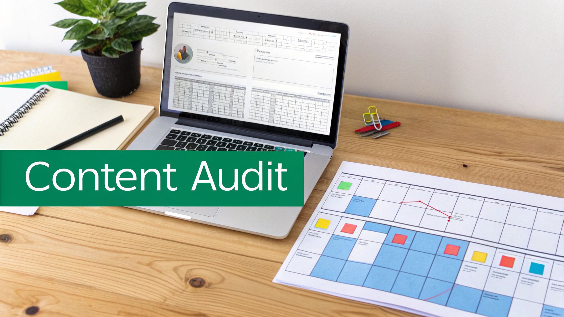 A desk setup featuring a laptop displaying content audit data, a notebook, and a printed chart, with a green banner stating 'Content Audit'.